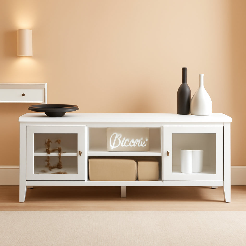 TV Stand - 55-Inch Storage Cabinet with 2 Cubbies and 2 Shelves - Entertainment Center for Living Room, Bedroom, or Entryway (White)-0