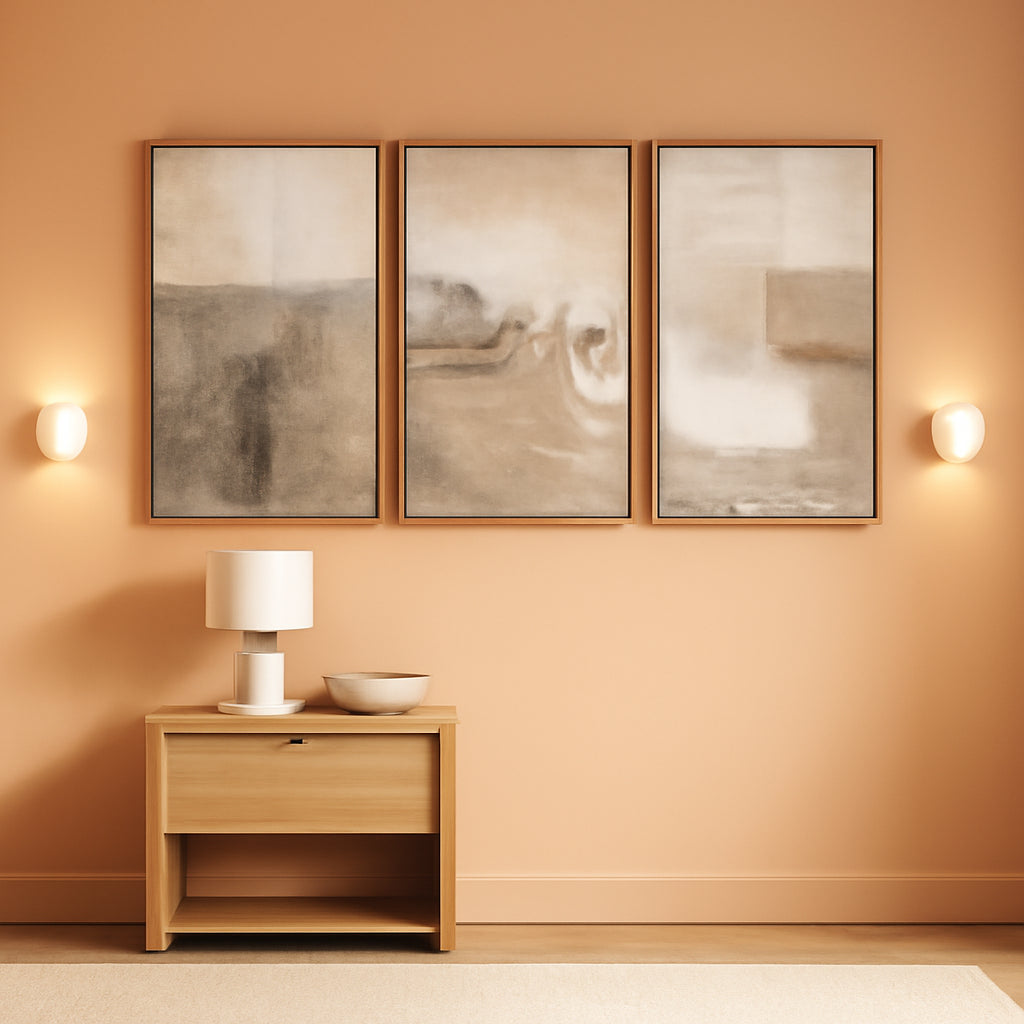 Framed Canvas Wall Art GrayTan OceanWave Collection Three Piece-0