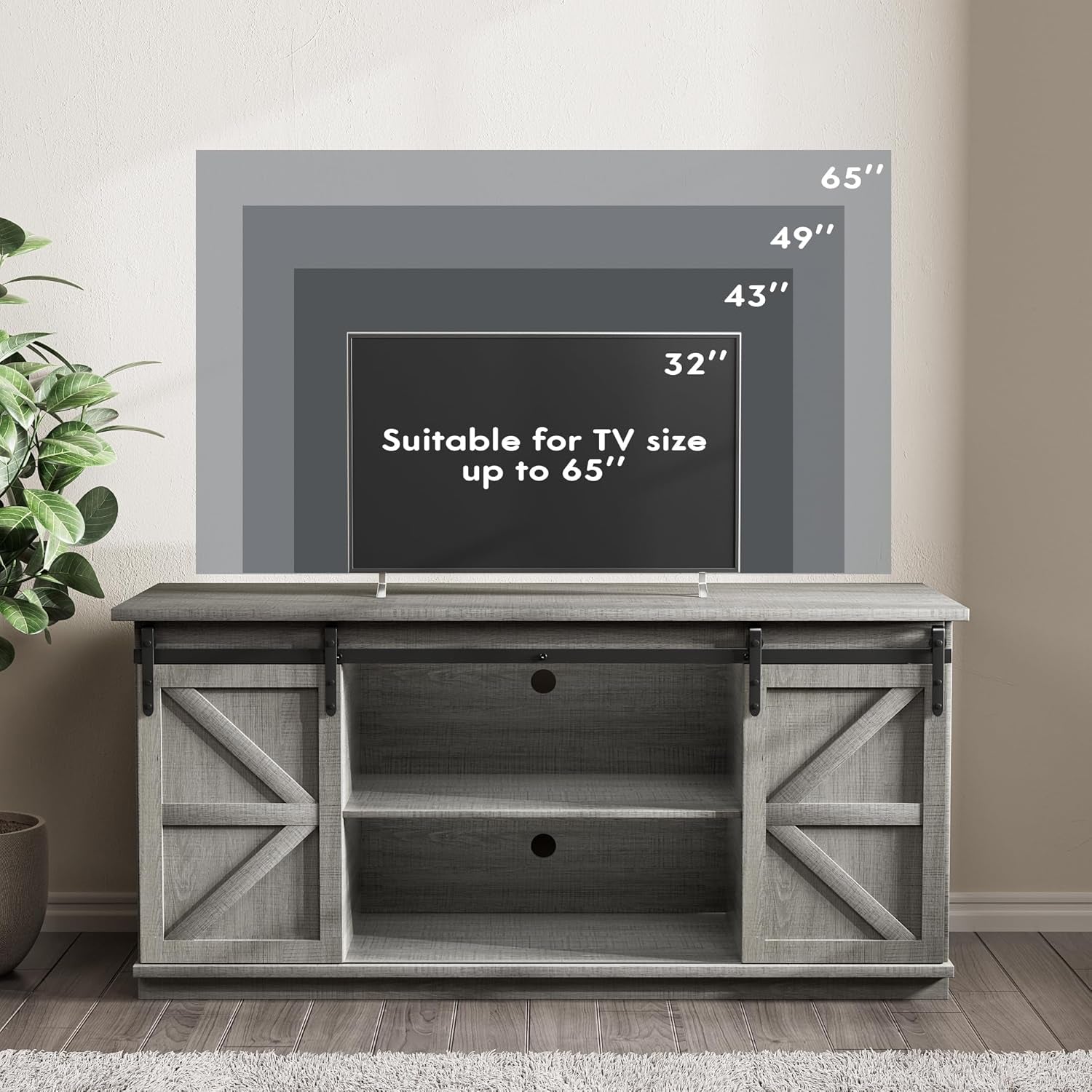TV Stand for 65 Inch TV, Entertainment Center with Storage Cabinets and Sliding Barn Doors, Mid Century Modern Media TV Console Table for Living Room Bedroom (Pale Gray)-4