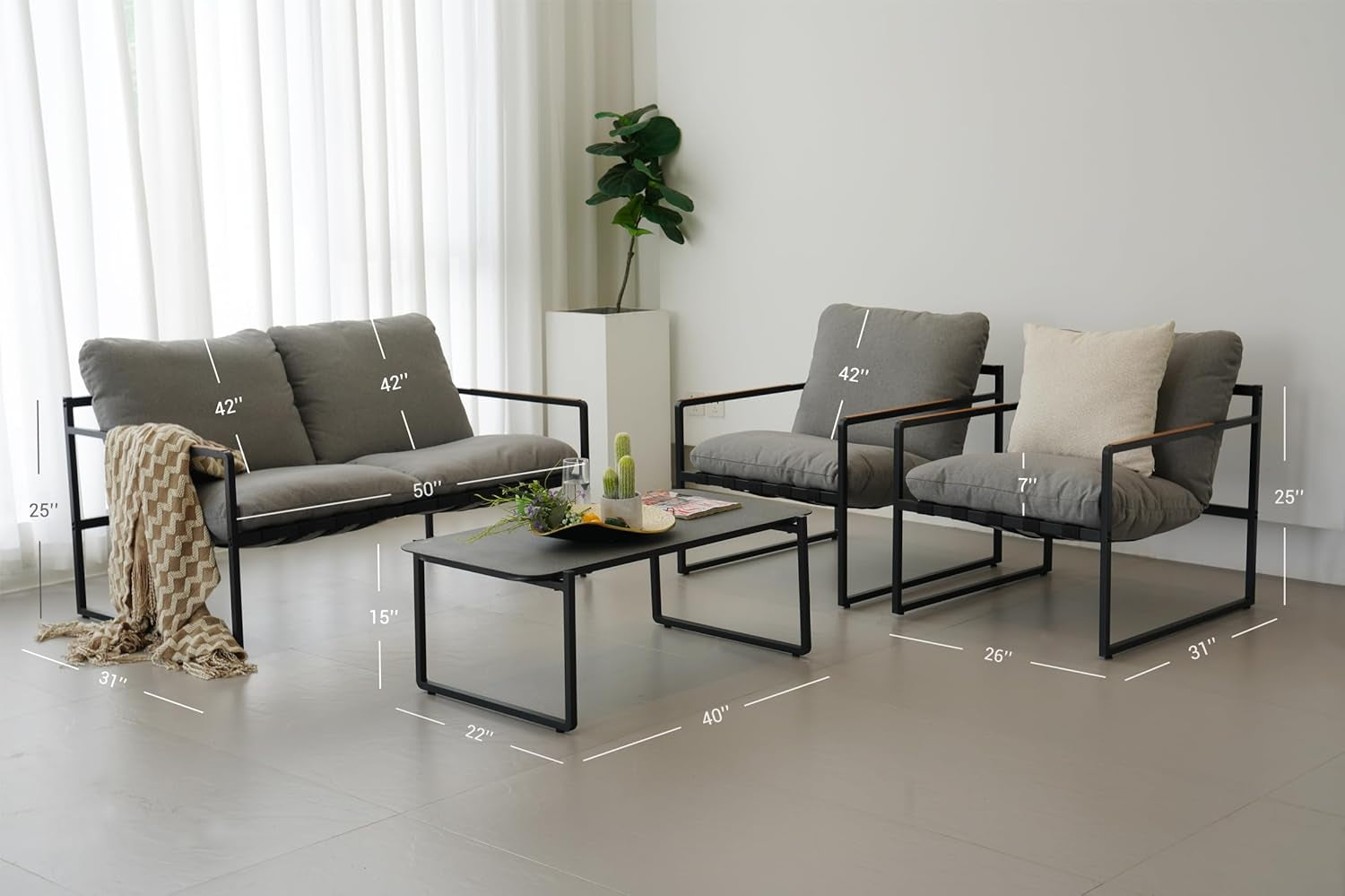 4 Piece Patio Outdoor Furniture Set With Modern Metal Sofa And Coffee Table-4