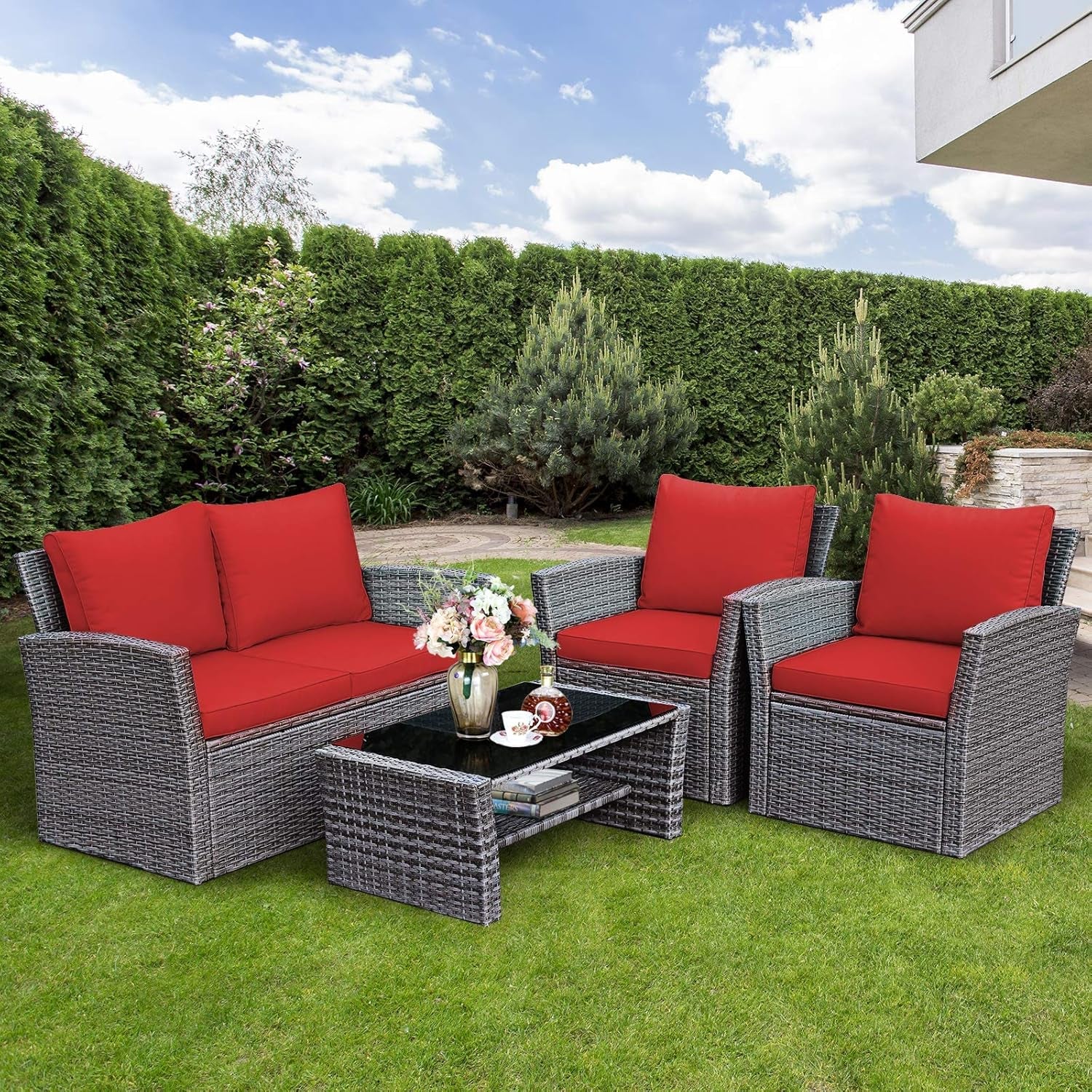 4 Piece All Weather Patio Furniture Set With Cushions And Glass Table-2