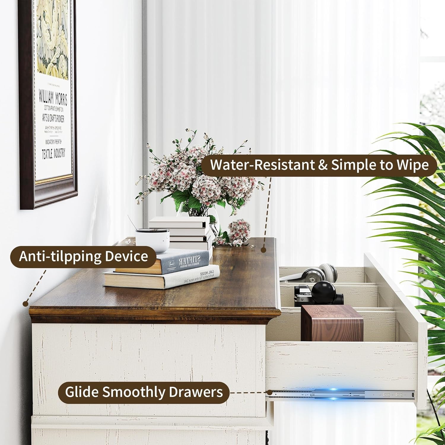 White Fluted Dresser Country style Seven Drawers Storage-3