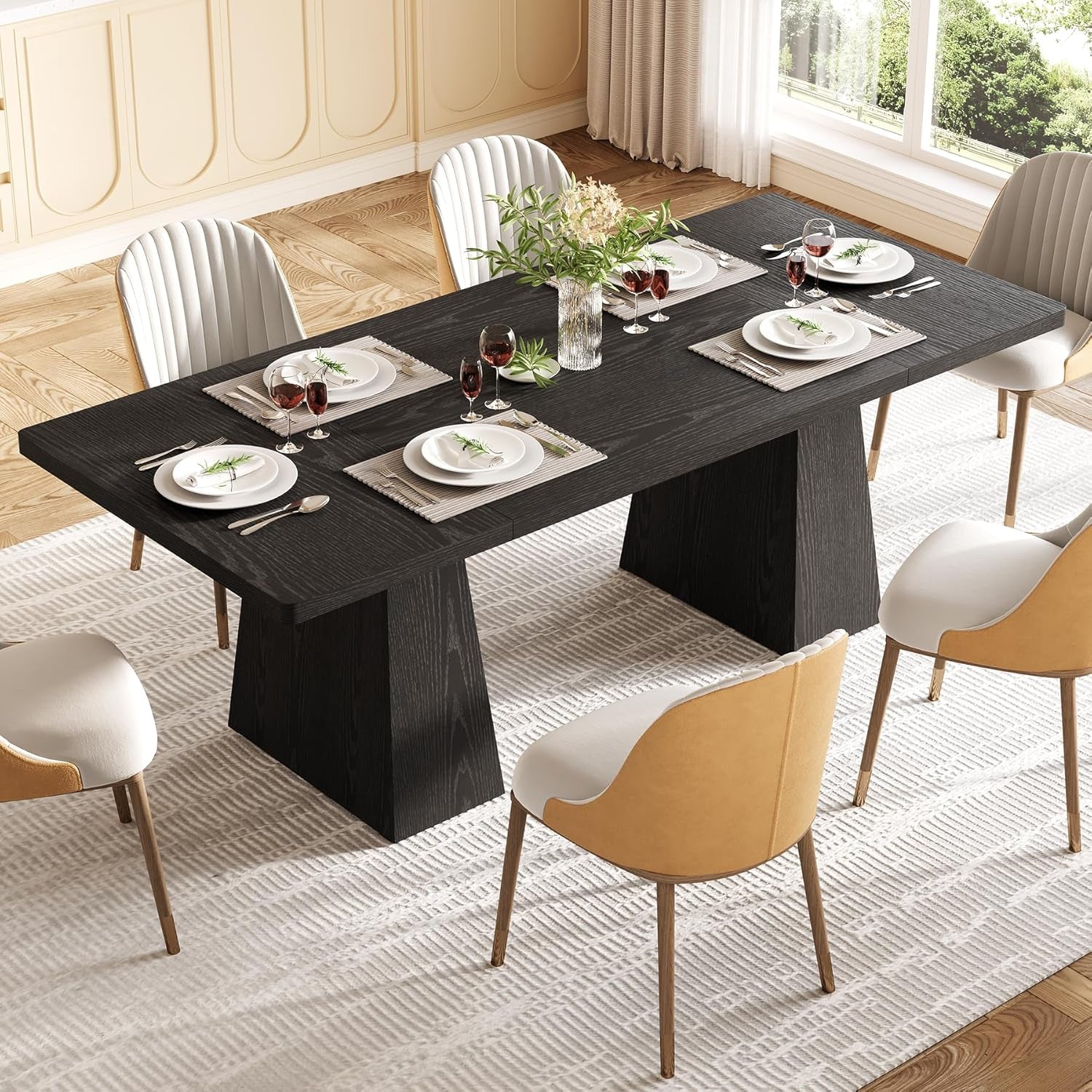 Wooden Dining Table for 6 with Heavy Duty Legs Black-3