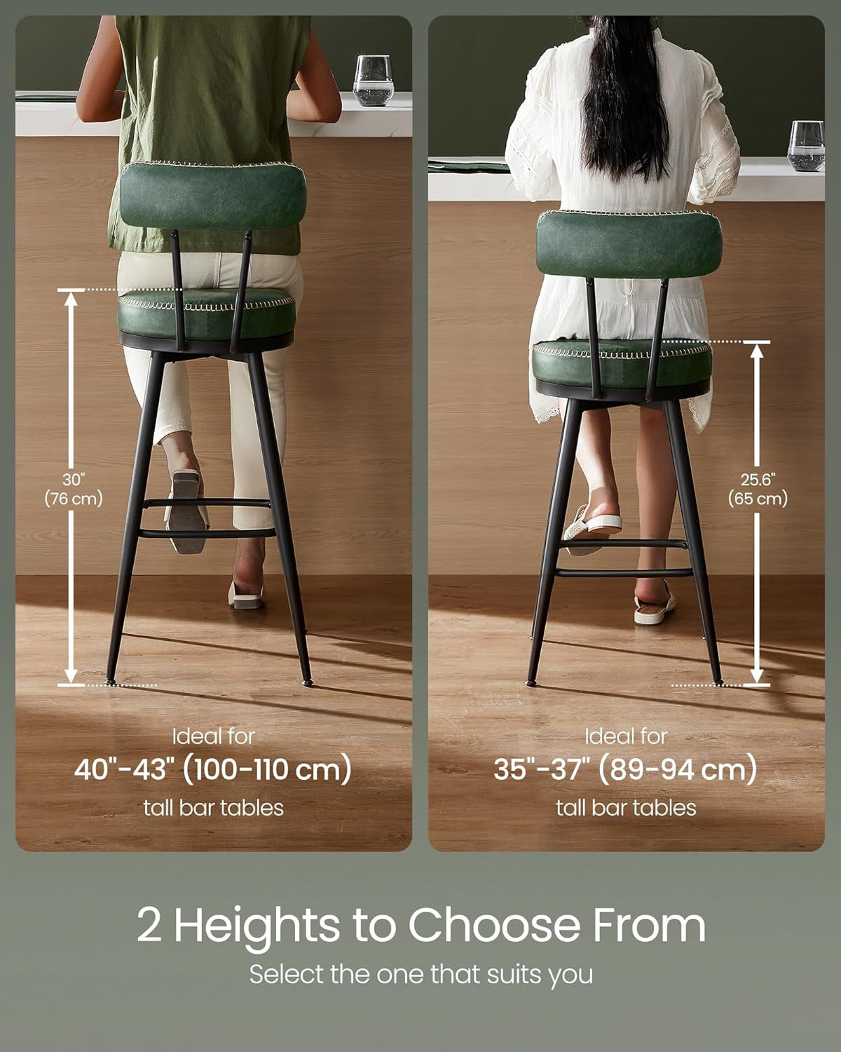 EKHO Collection - Bar Stools Set of 2, Bar Height Swivel Bar Stools with Back, Synthetic Leather with Stitching, Mid-Century Modern, 30-Inch Tall Barstools for Kitchen Home Bar, Forest Green-2