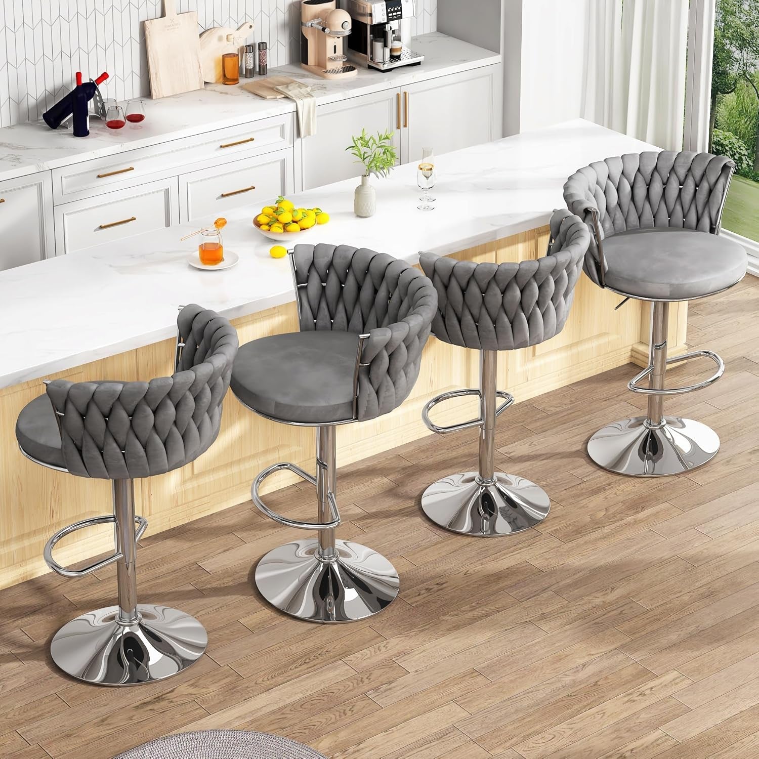 Modern Velvet Swivel Bar Stools Set of Four-4