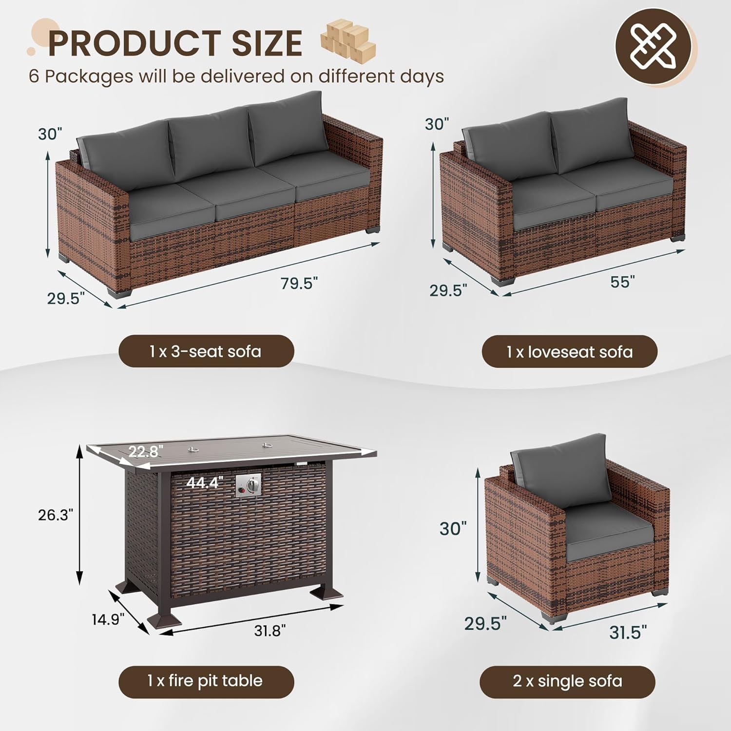 5 Piece Wicker Patio Furniture Set With Fire Pit Table Grey-1