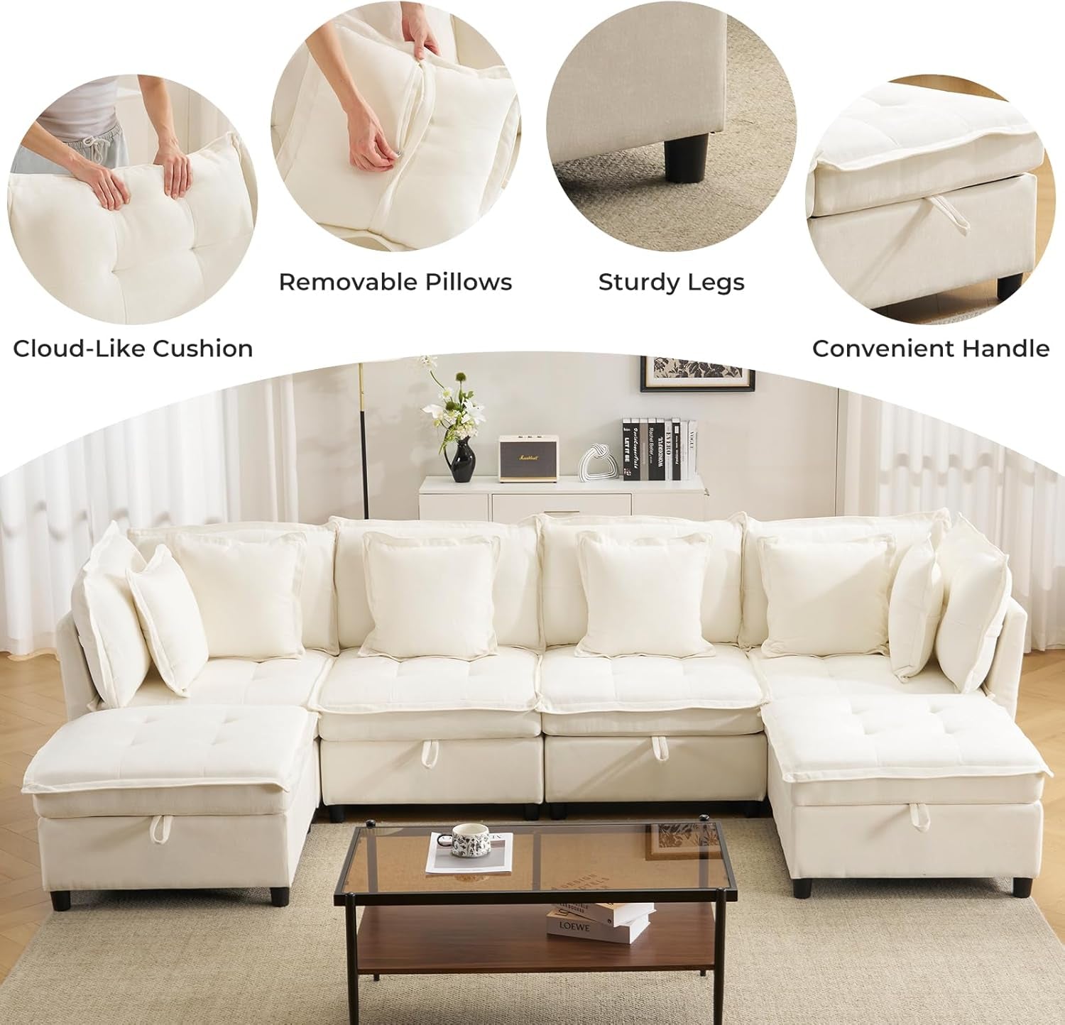 White OneThirtyThreeInch Modular Sectional Sofa Hidden Storage-2