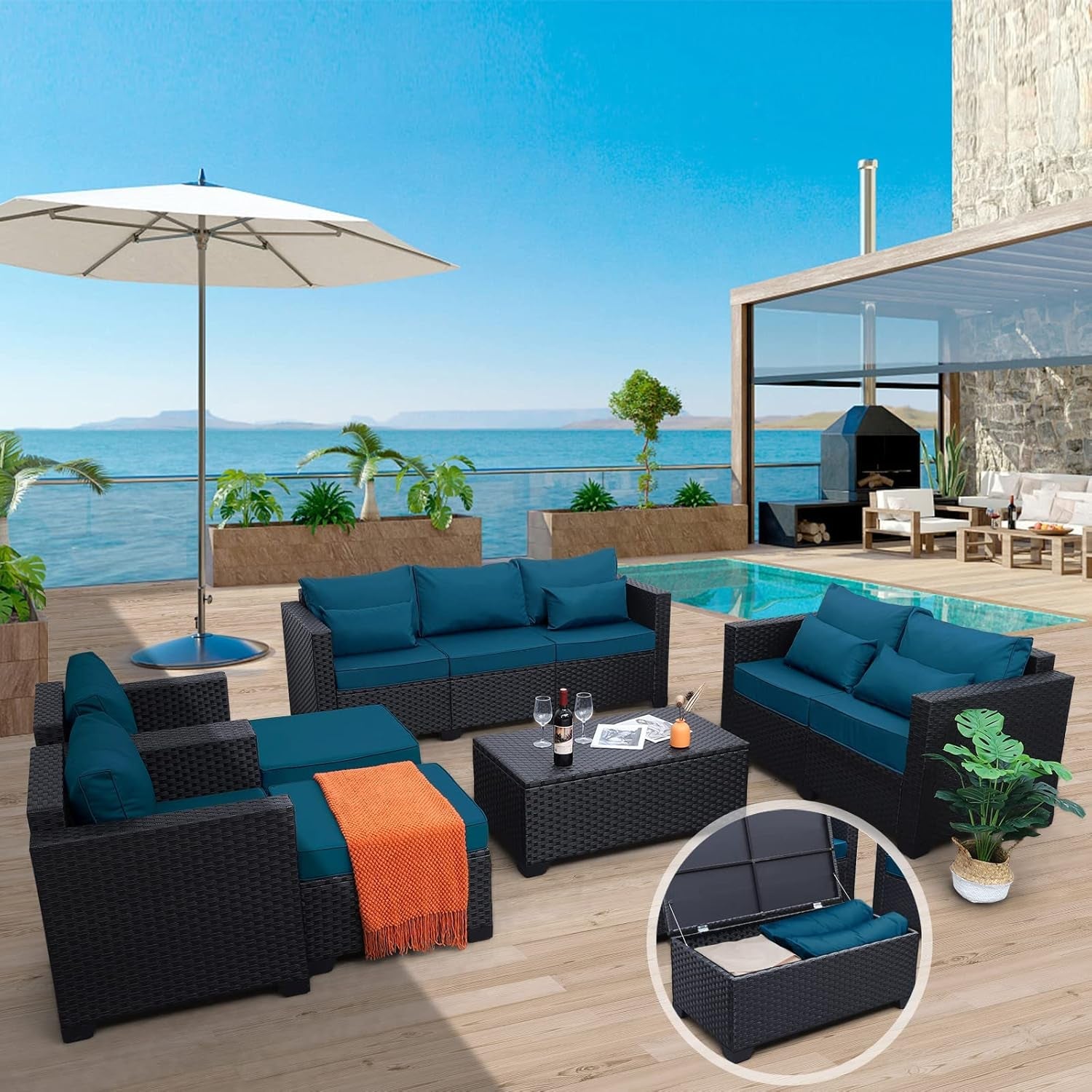 Patio Furniture Set 7 Piece Peacock Blue Anti Slip Cushions-1