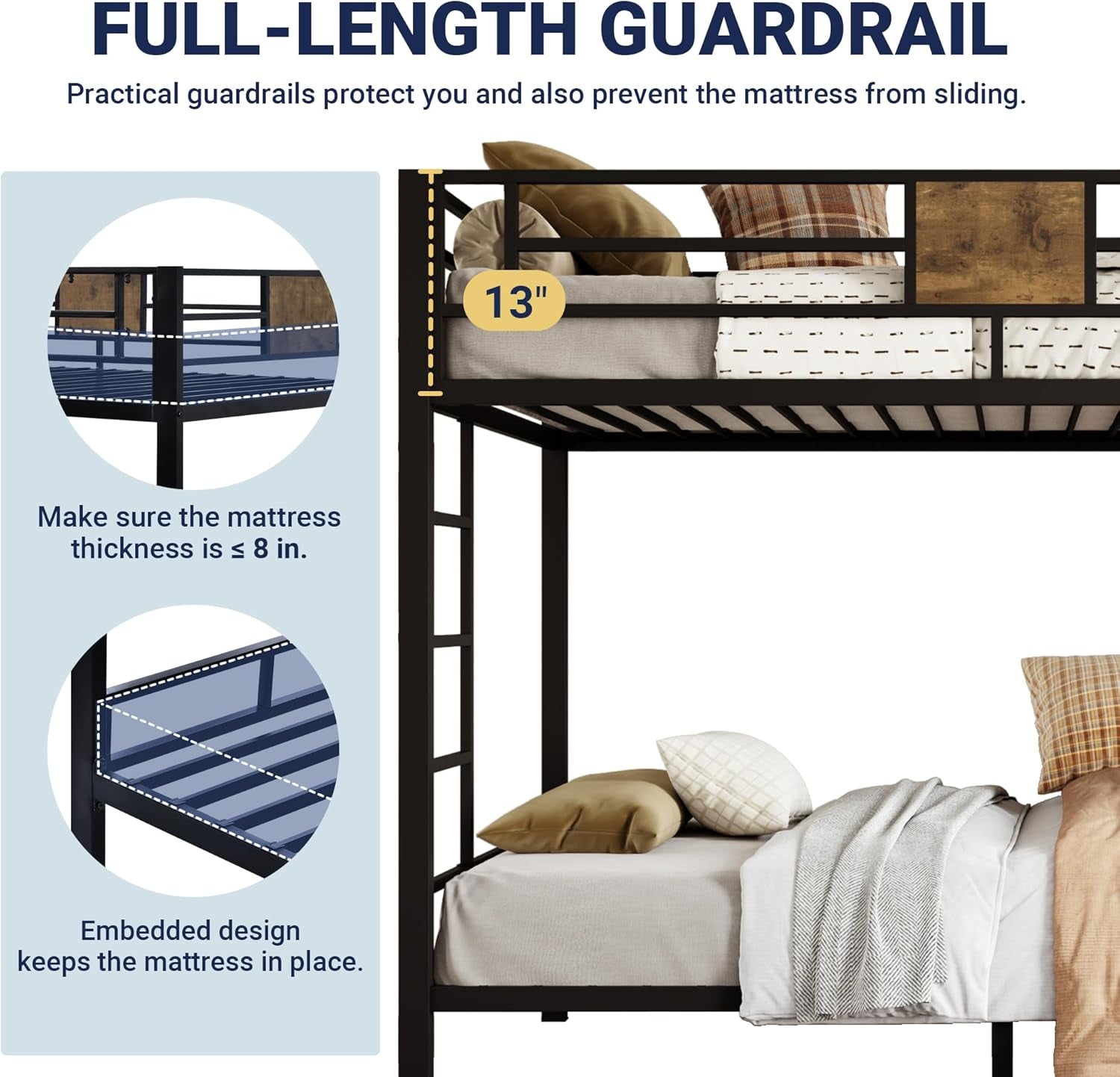 Twin over Twin Bunk Bed with Rustic Wooden Accents, Sturdy Metal Frame, Space-Saving Design, Noise-Free, Black-3