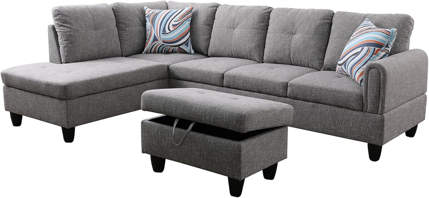 3-Piece Flannel Sectional Sofa Set with Left Facing Chaise and Storage Ottoman, Pillow, L-Shaped Couch for Living Room, Office, Apartment, Grey-3