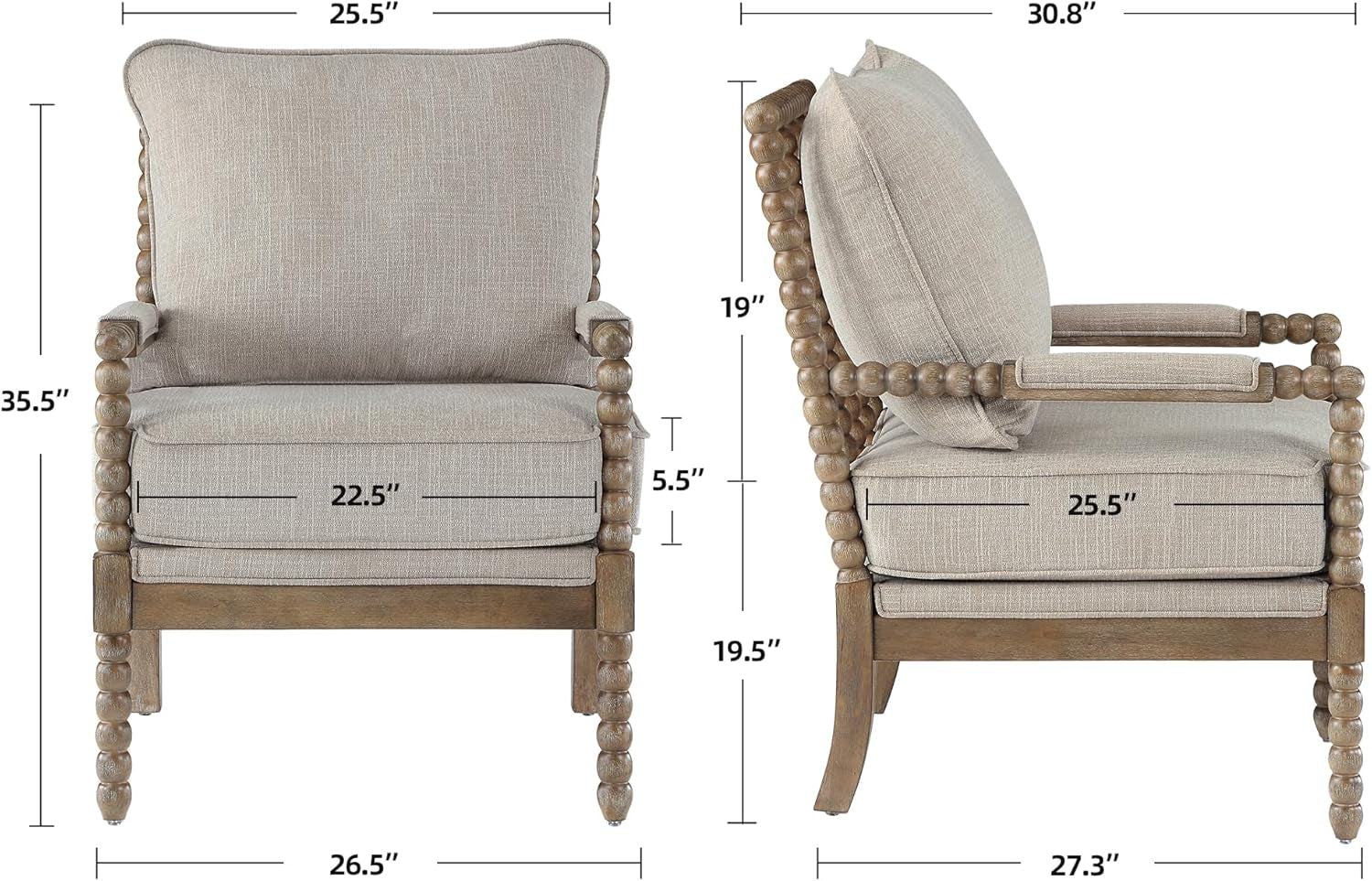 Linen Spindle Accent Chairs Set Of 2 Cushioned Armrests-1