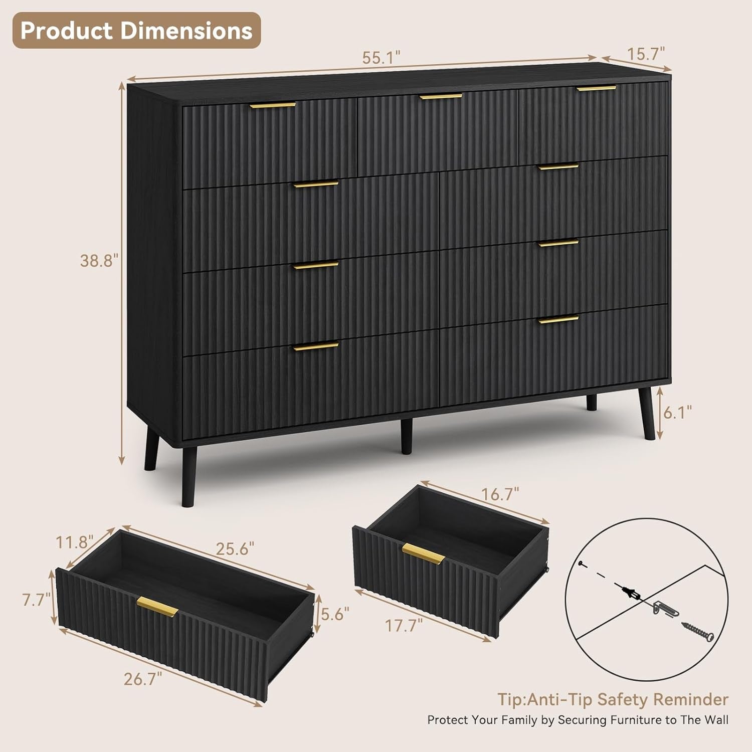 Fluted Nine Drawer Dresser FiftyFiveInch MatteBlack Organizer-1