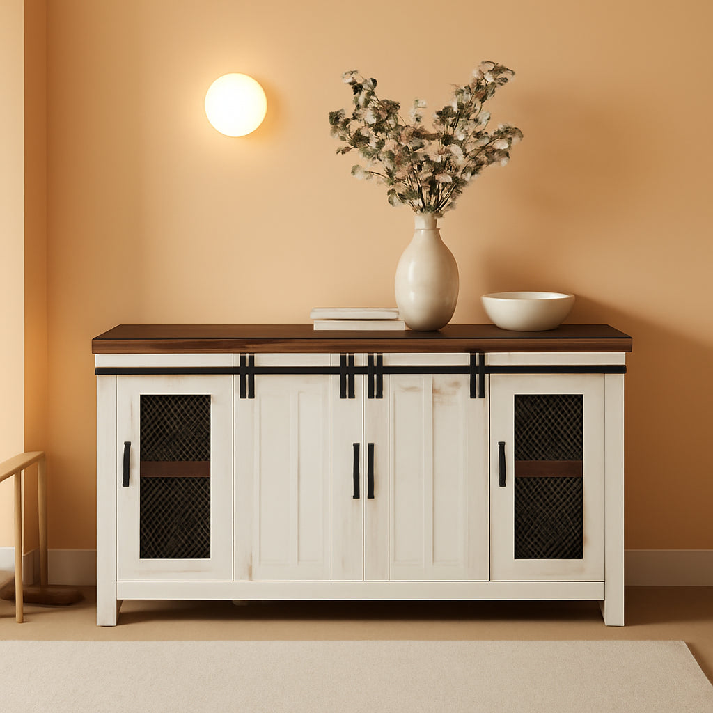 Rustic 65” Solid Wood TV Stand with Storage, White and Aged Distressed Pine-0