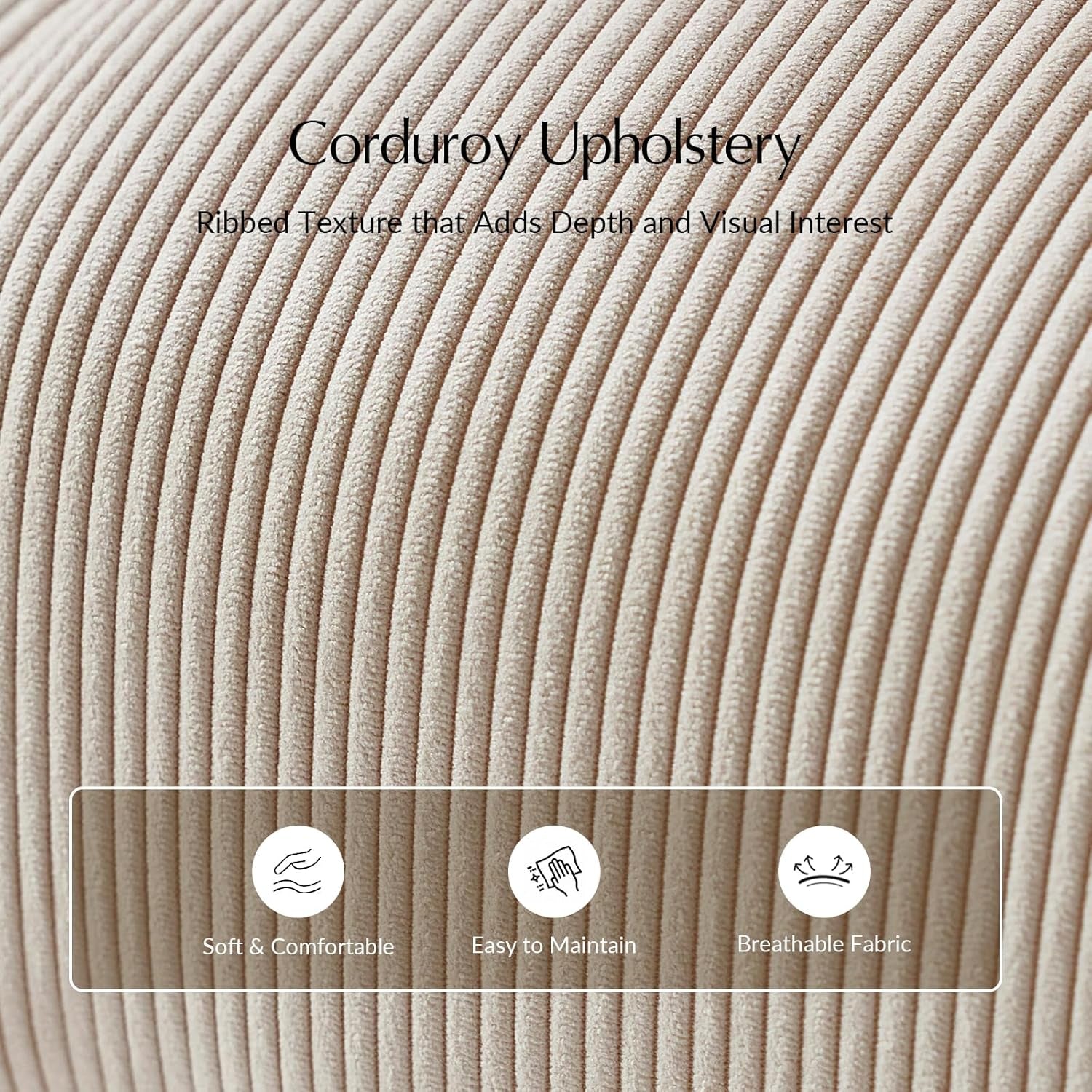 Beige Corduroy Ottoman With Contemporary Wood Legs-3