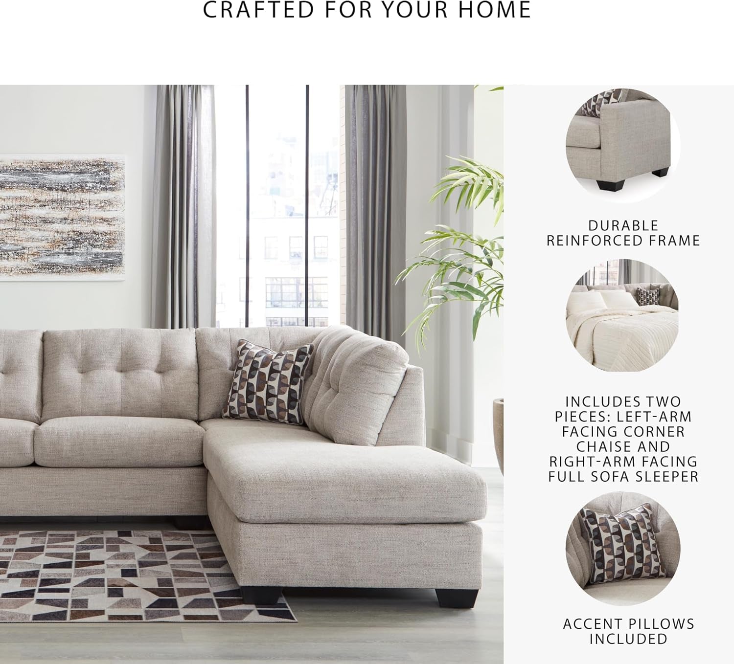 Beige Sleeper Sectional Featuring Chaise Memory Foam-4