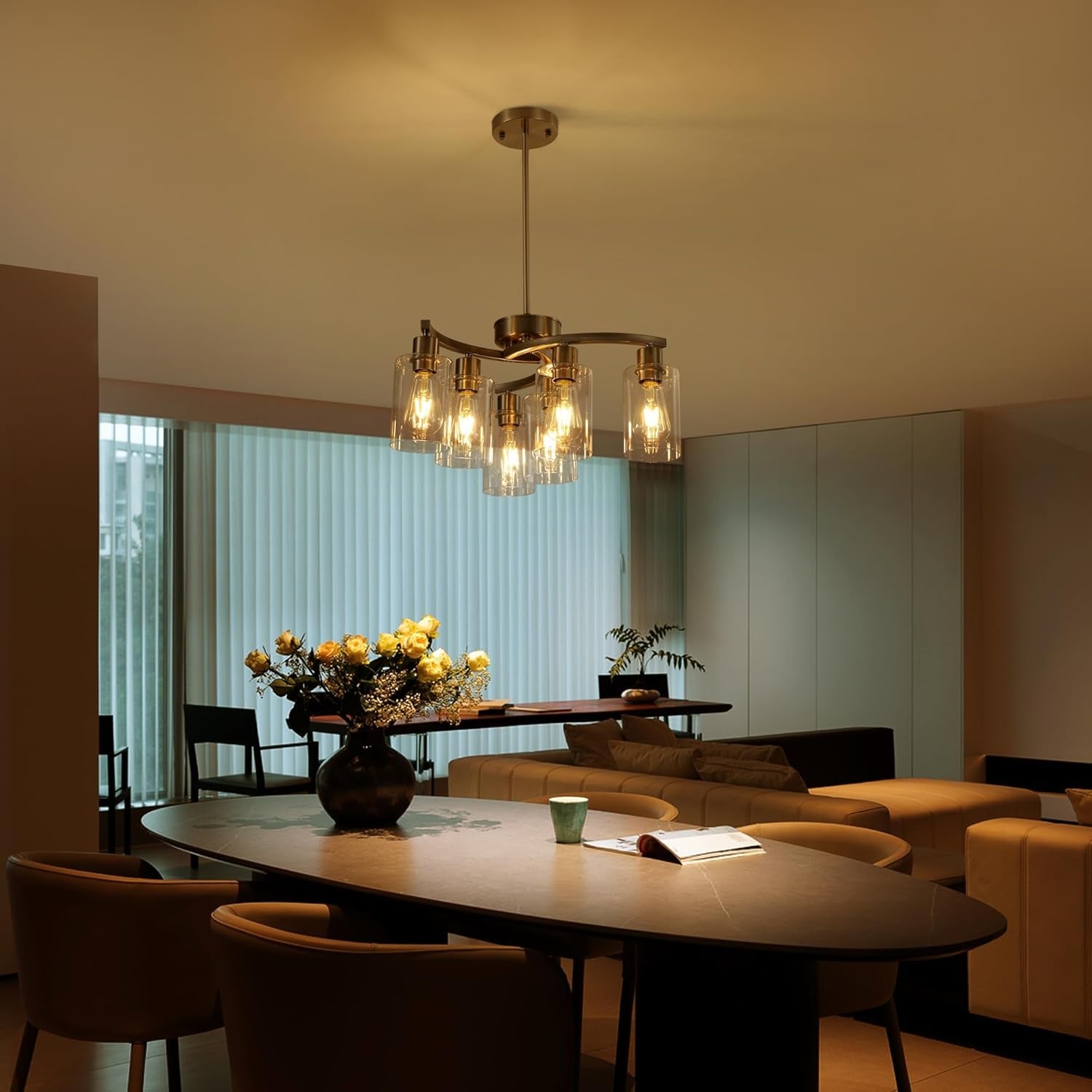 Six Light Brushed Nickel Industrial Glass Chandelier-2