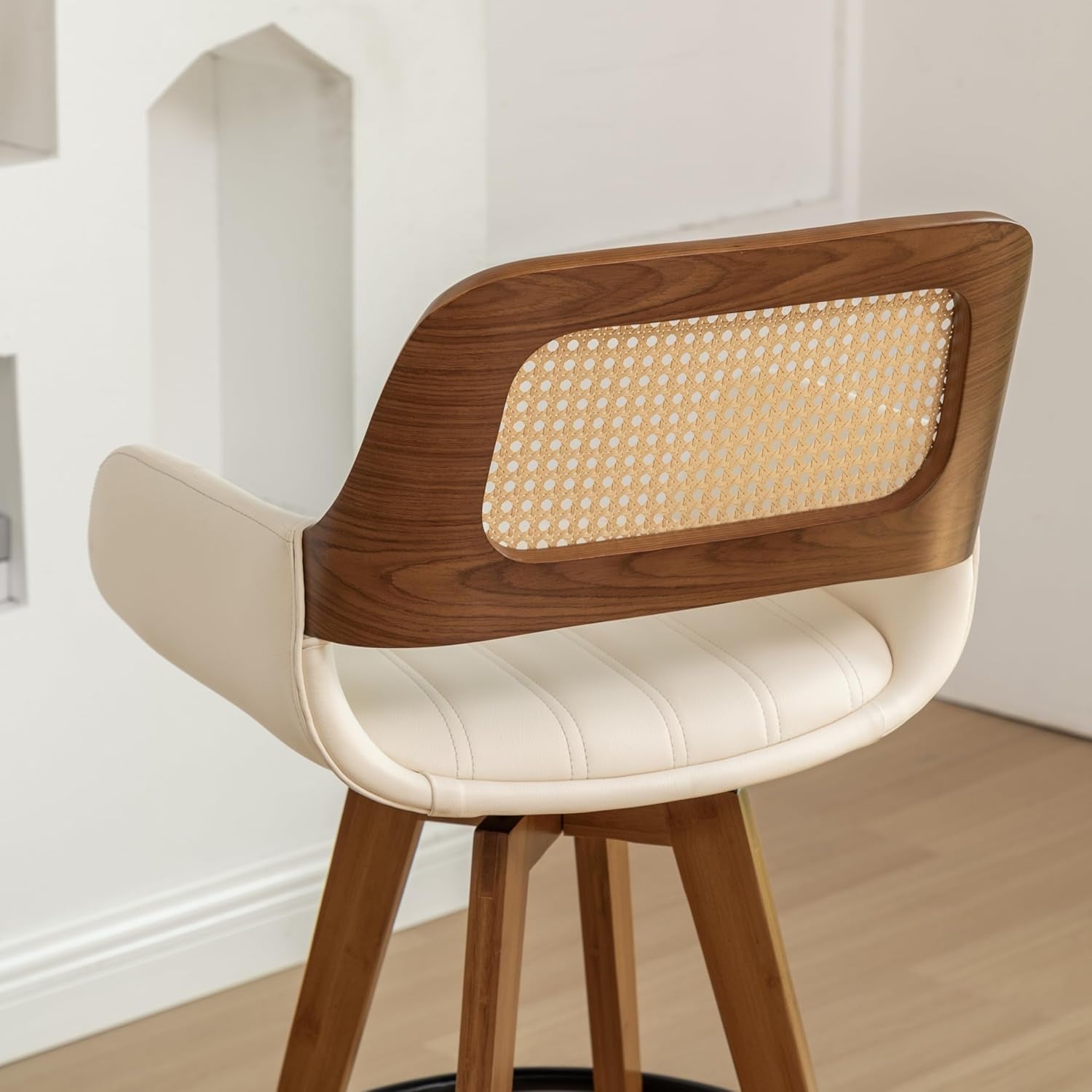 Rattan Swivel Bar Stools, Counter Height Bar Stools with Cane Back, Upholstered Seat, Faux Leather Upholstered Furniture for Island/Counter (Beige, 26.5"-2 PCS)-4