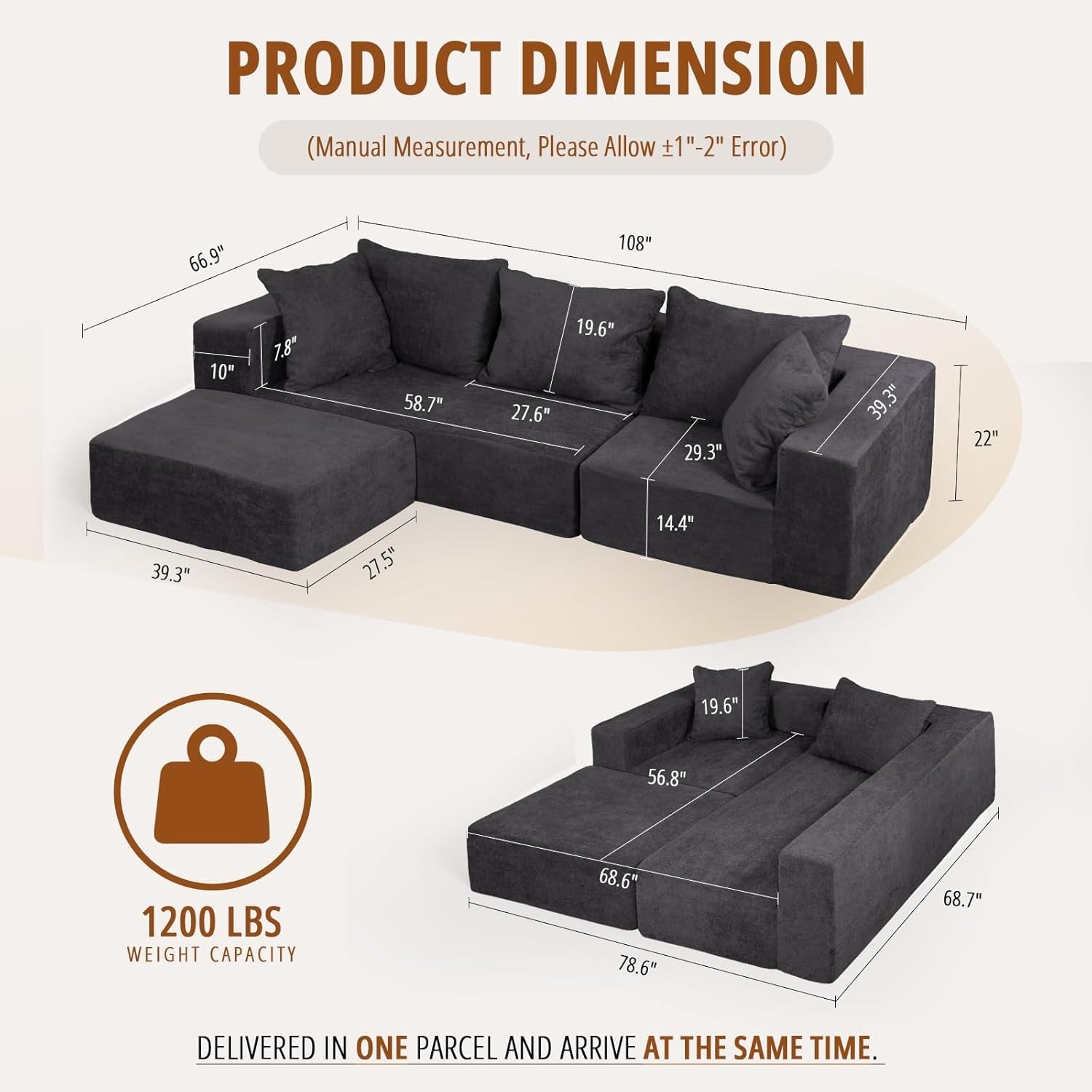 Modular Sectional Sofa with Chaise, Modern L Shaped Cloud Couch with Deep Seat, Sectional Couches for Living Room, Bedroom, Office, No Assembly Required, Dark Grey-1