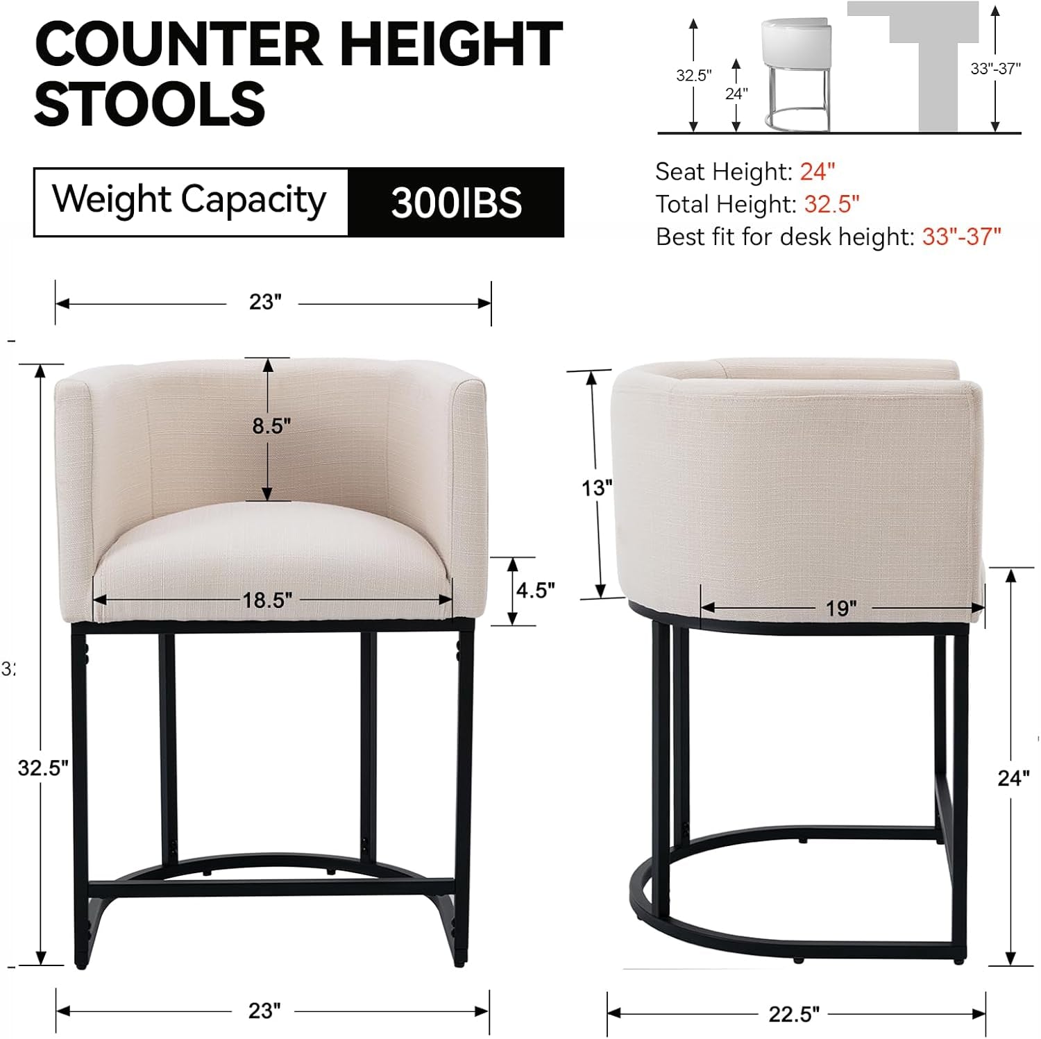 Contemporary Cream Linen Bar Stools Counter Height Set-1
