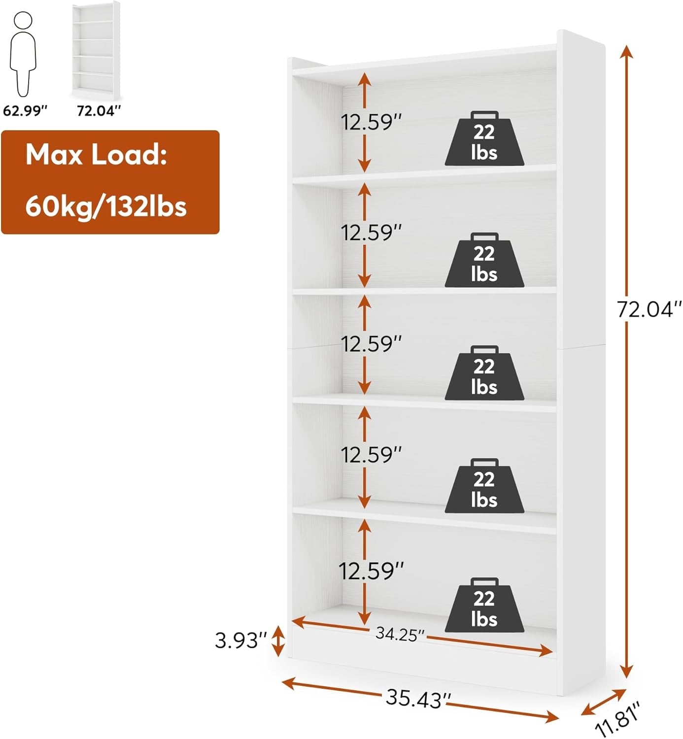 Tall White ContemporaryWood 6 Tier Bookcase 72Inches-1