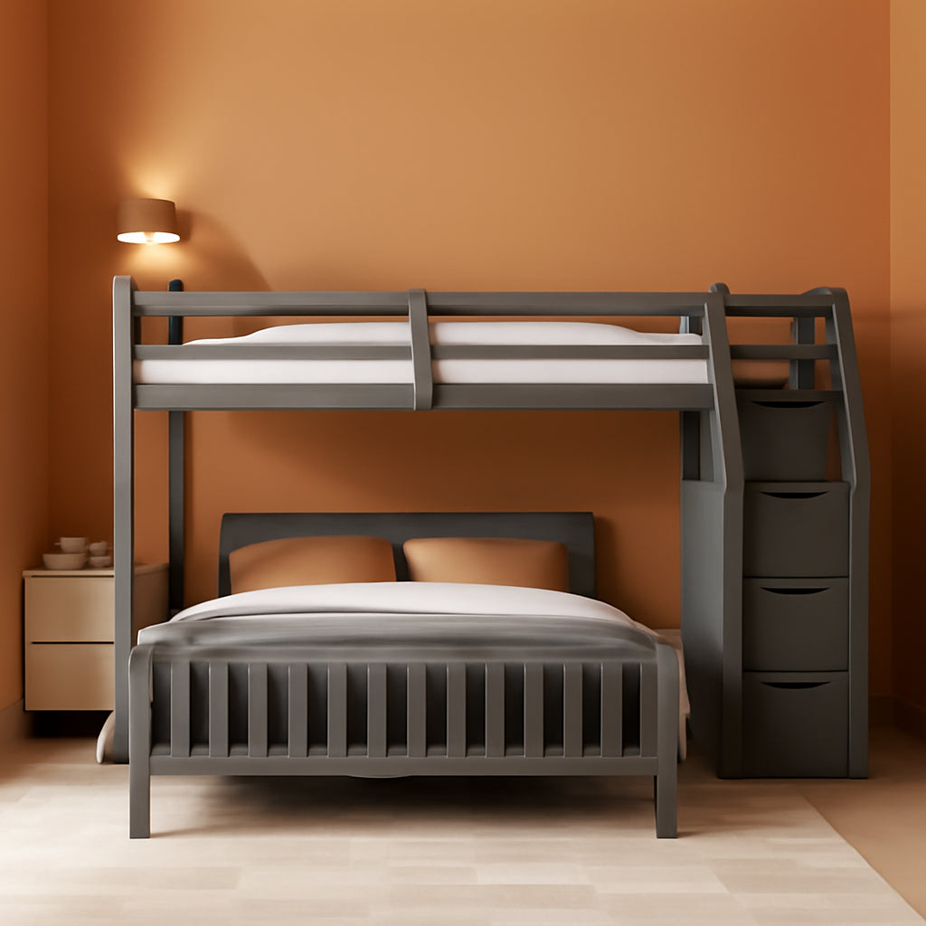 Gray Twin Over Full Bunk Bed with Stairs-0