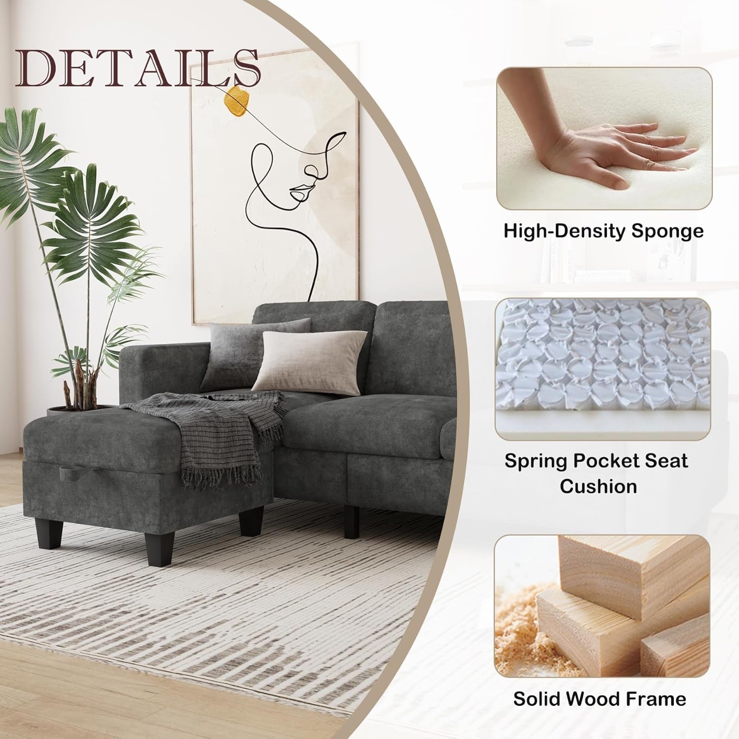 Couch for Living Room - Small Space Couches Sectional L-Shaped Sofa, 3 Seat Modern Couch, Sofas Convertible with Storage Ottoman for Small Space, Bedroom, Offices and Apartments - Grey-3