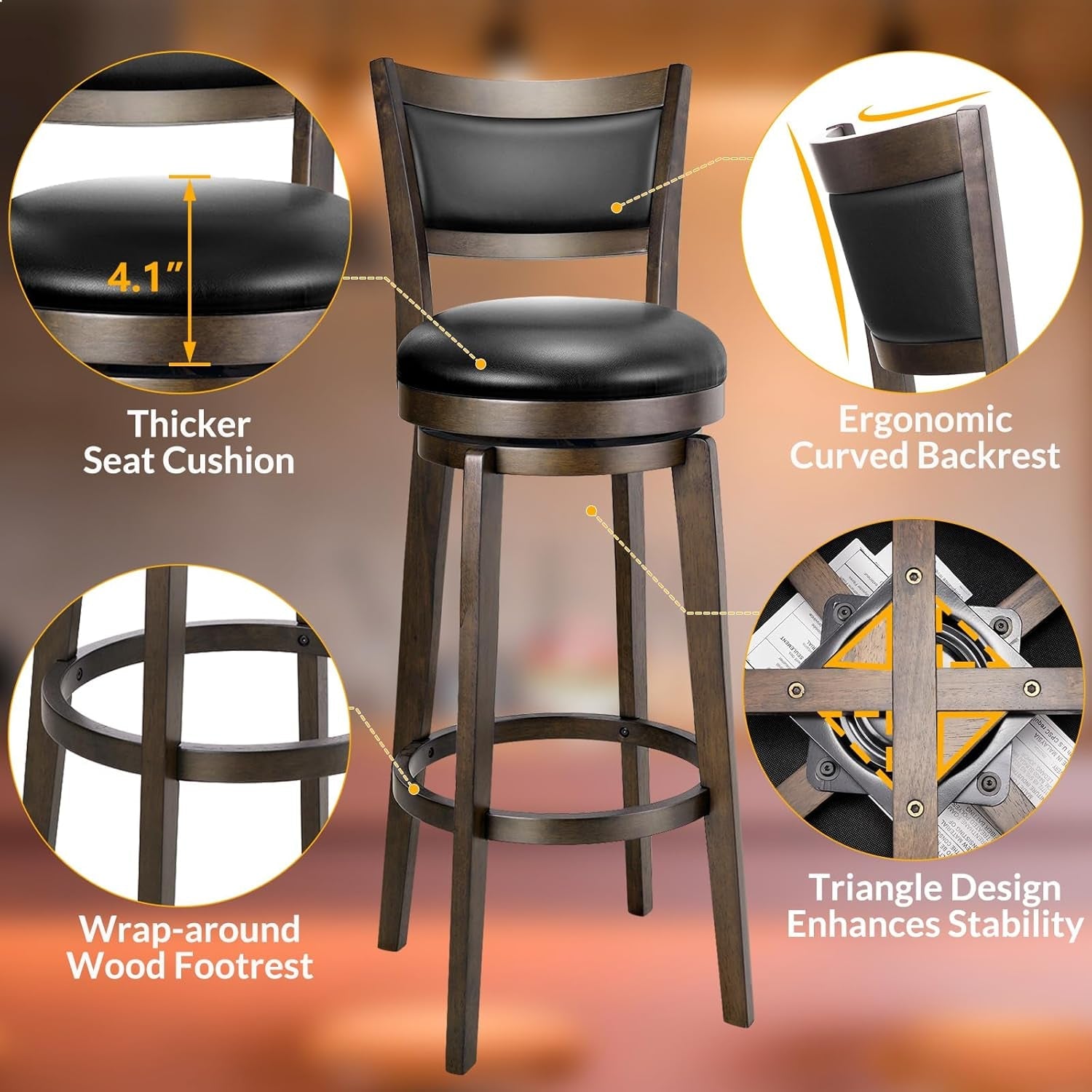 Swivel Bar Stools Set of 2, 34 Inch Extra Tall Bar Height Barstools, Black Faux Leather Bar Stool with High Backrest, Solid Wood Leg, Wrap-Around Footrest, Counter Stools for Pub-4