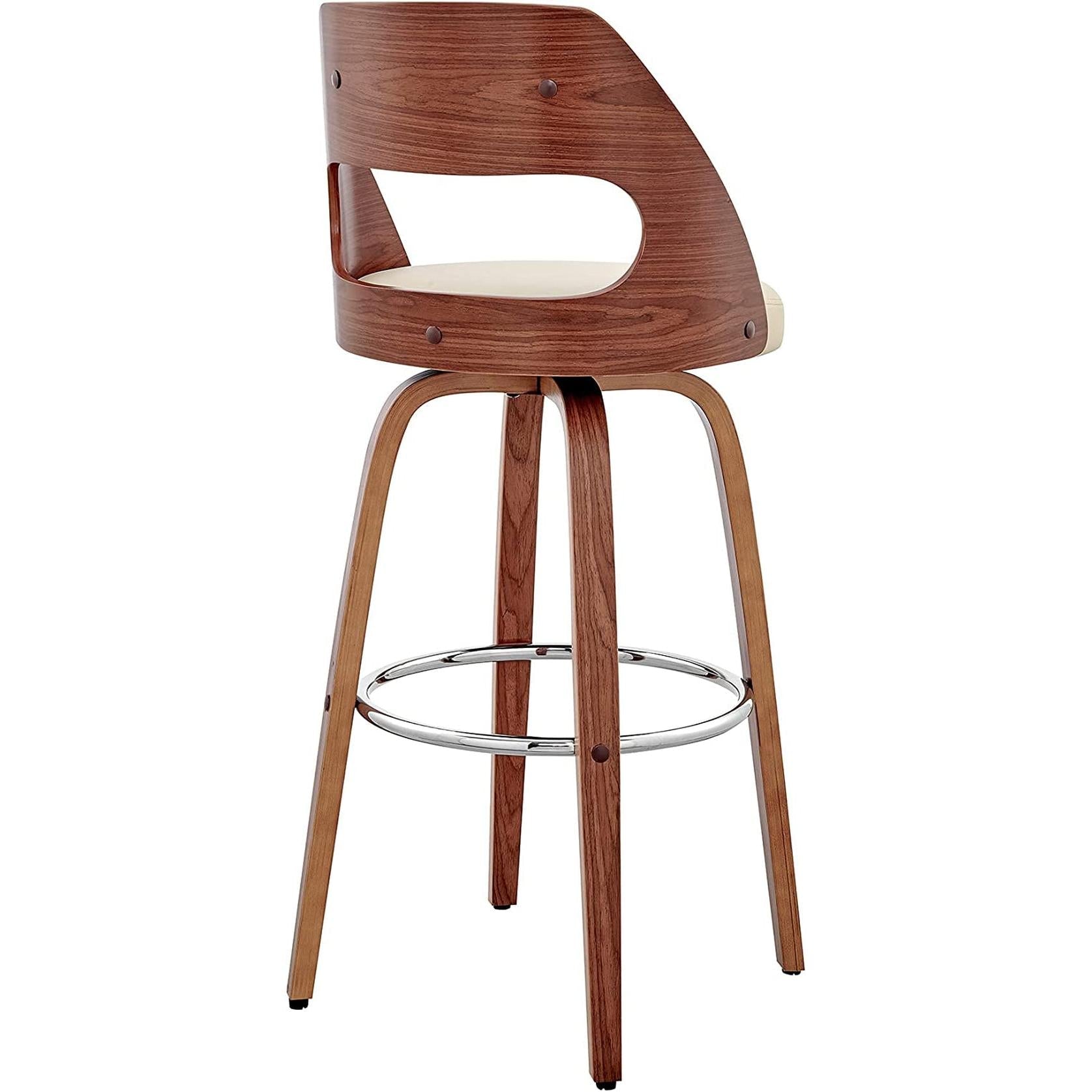Cream Faux Leather Walnut Wood Bar Stool Swivel 360 Degree-4