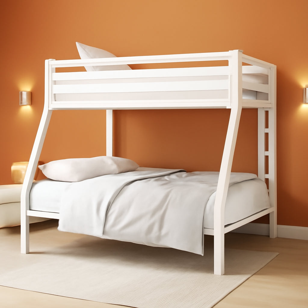 Metal Loft Bunk Bed Twin over Full Size with Safety Guardrail and Ladder, No Box Spring Needed Space Saving Bedroom Furniture, Cream White-0