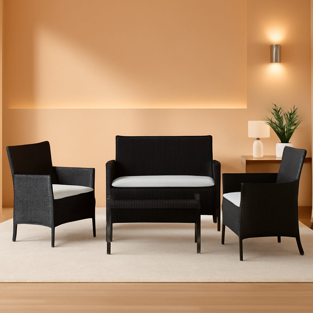 4 Piece Rattan Patio Set With Glass Table Black Cushions-0