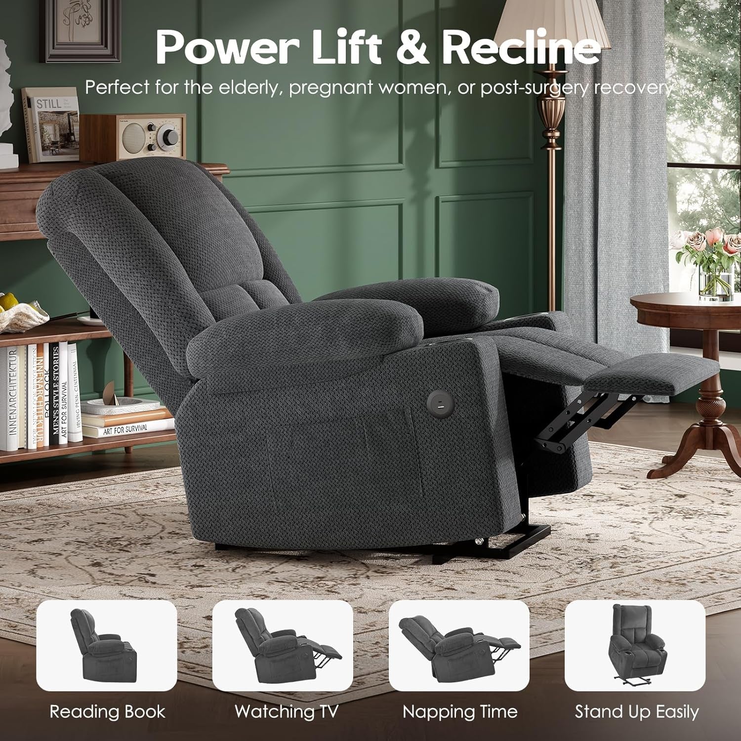 Power Lift Recliner Chair with Massage and Heat for Elderly People, USB Ports and Cup Holders-4