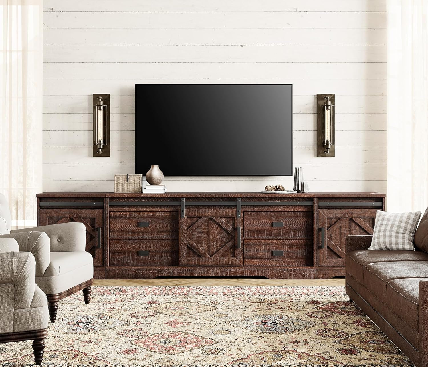 98.4" Wide TV Stand for Tvs up to 110",Faux Bark Finish Wood Entertainment Center with 4 Drawers and Adjustable Shelvs for Living Room,Rustic Brown-0