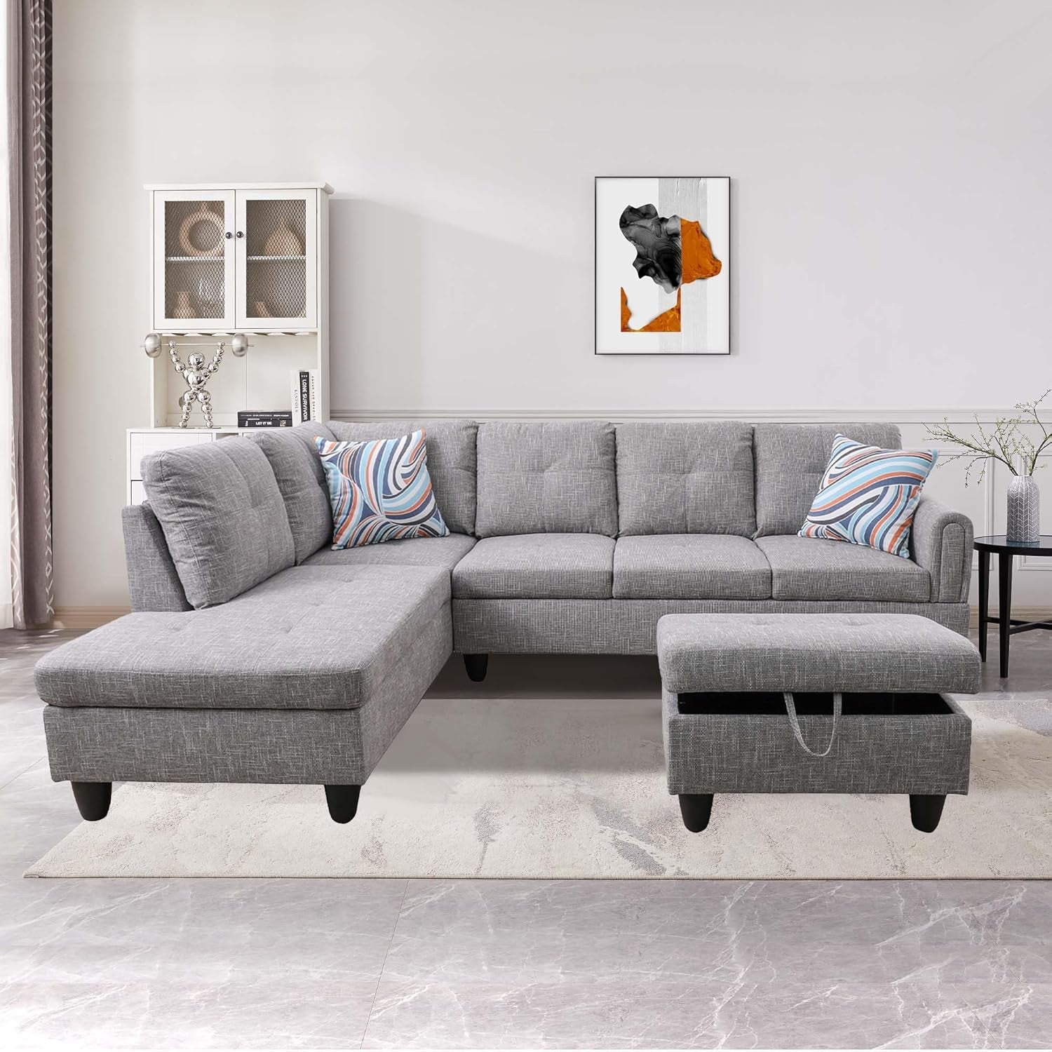 3-Piece Flannel Sectional Sofa Set with Left Facing Chaise and Storage Ottoman, Pillow, L-Shaped Couch for Living Room, Office, Apartment, Grey-2