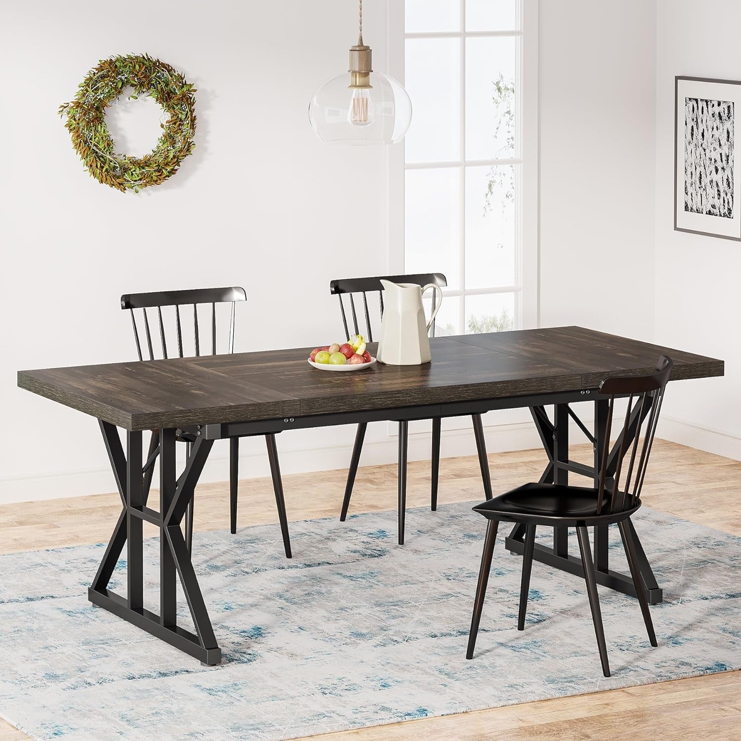Farmhouse Dining Table for 6 People, 70.8-Inch Rectangular Wood Dining Table, Rustic Kitchen Table with Heavy Duty Metal Legs for Dining Room (Black, 70.8 Inch)-0