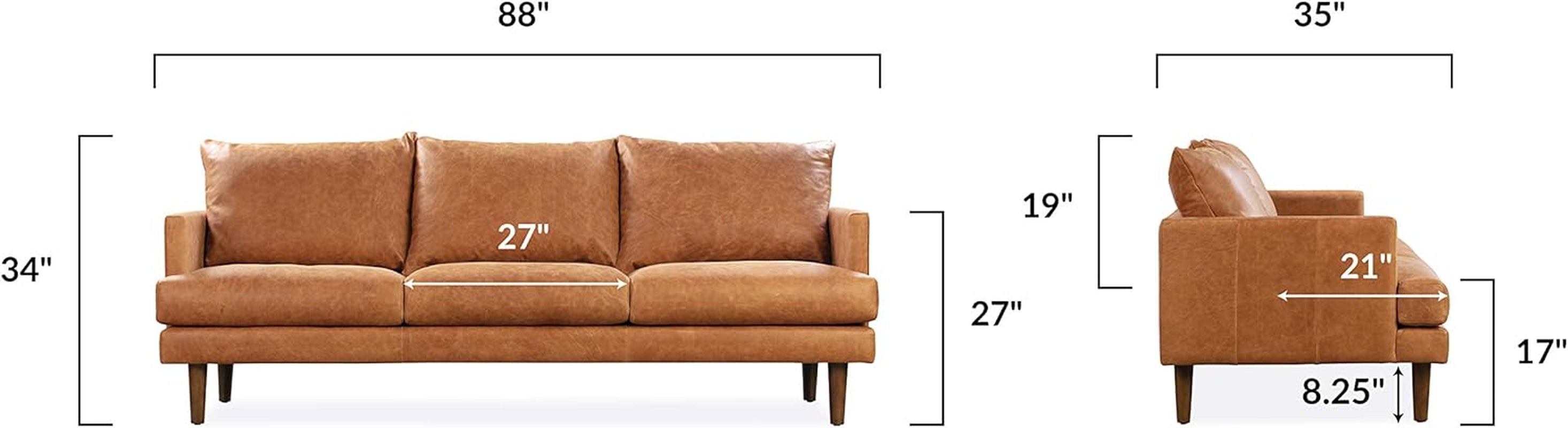 Girona Leather Couch – 88-Inch Leather Sofa with Tufted Back - Full Grain Leather Couch with Feather-Down Topper on Seating Surfaces – Pure-Aniline Italian Leather – Cognac Tan-2