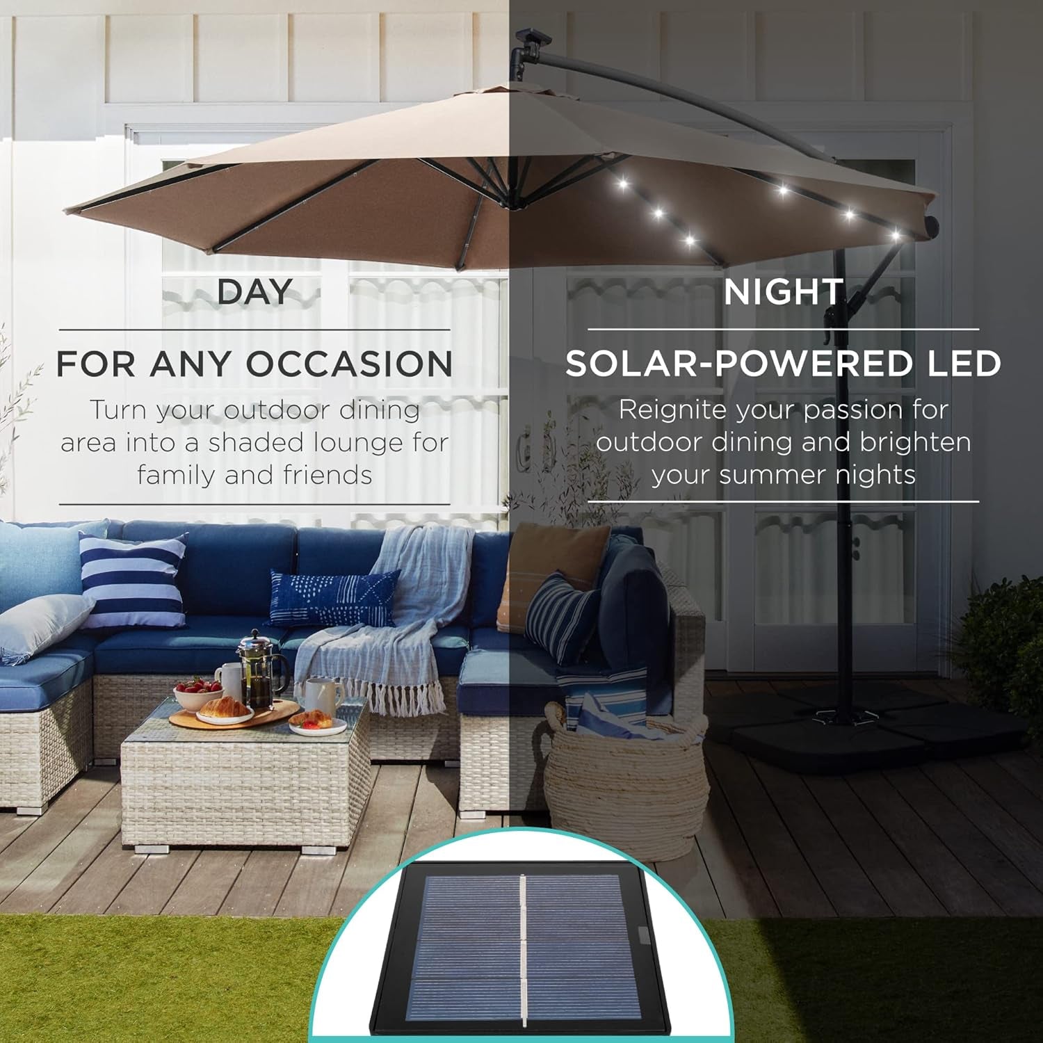 10 Foot Solar LED Offset Patio Umbrella With Easy Tilt Adjustment In Tan For Backyard Use-2