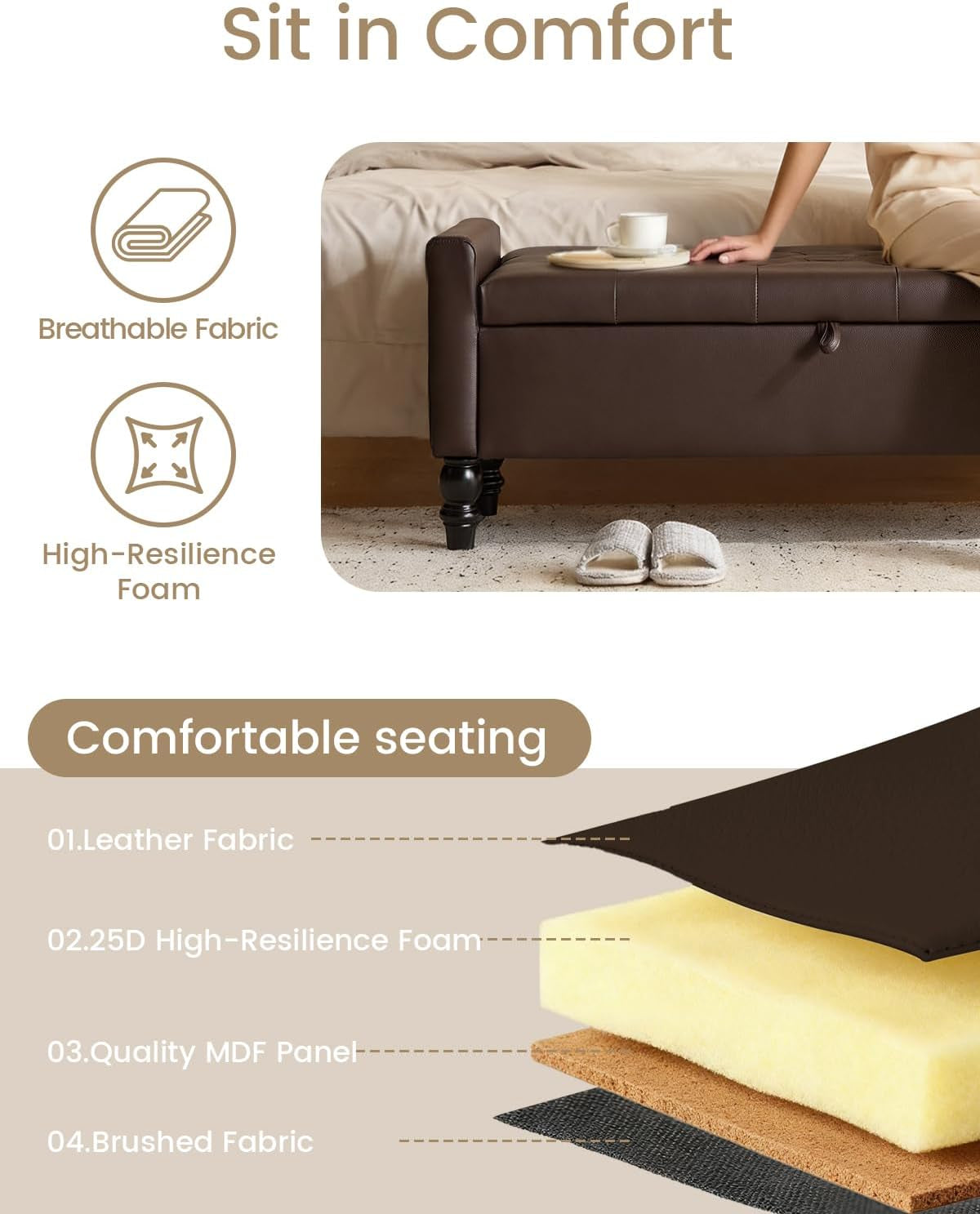 Brown Genuine Leather Storage Ottoman Bench Bedside-3