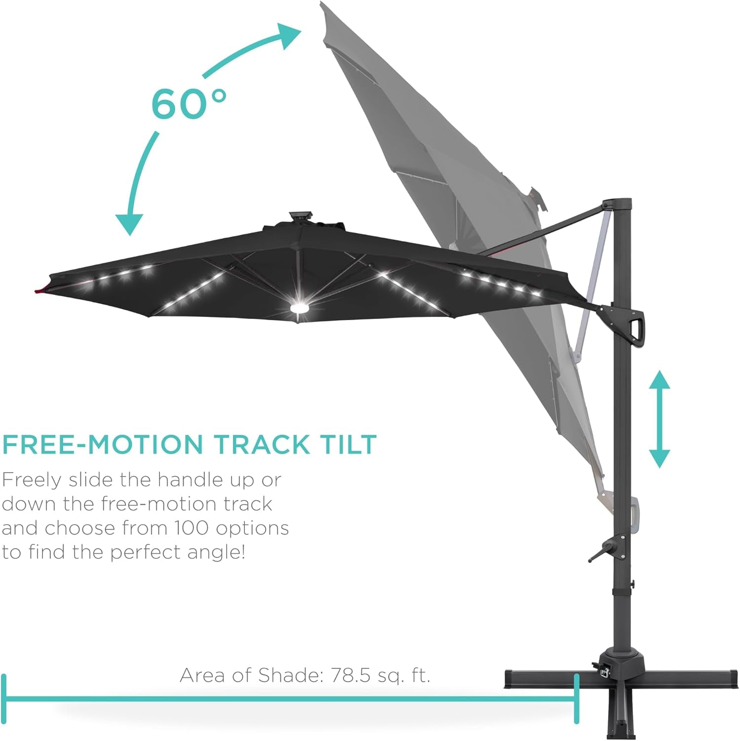 10 Ft Solar LED Cantilever Patio Umbrella With 360 Degree Rotation And Easy Tilt Offset Hanging Design Cross Base-4