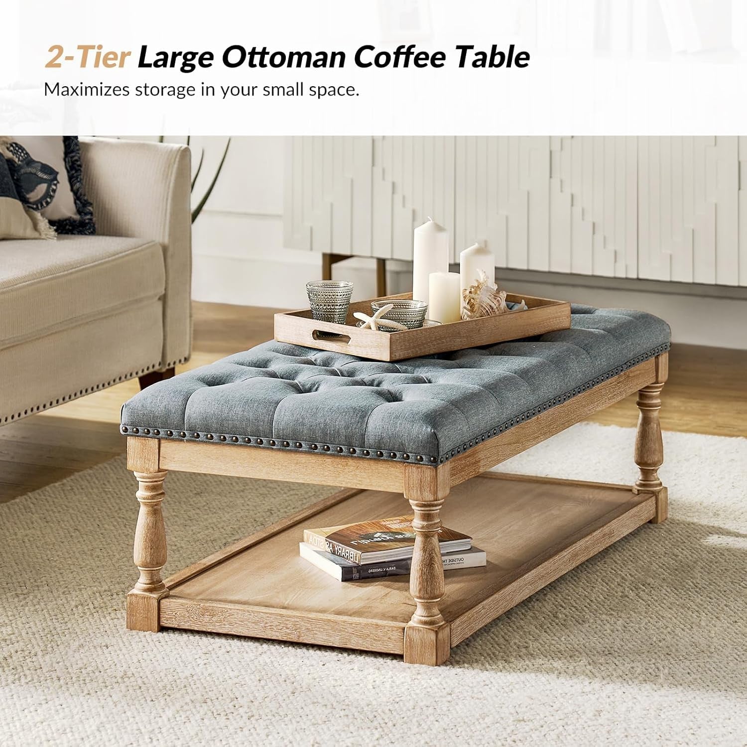 Blue Rectangular Upholstered Ottoman Coffee Table Tray-3