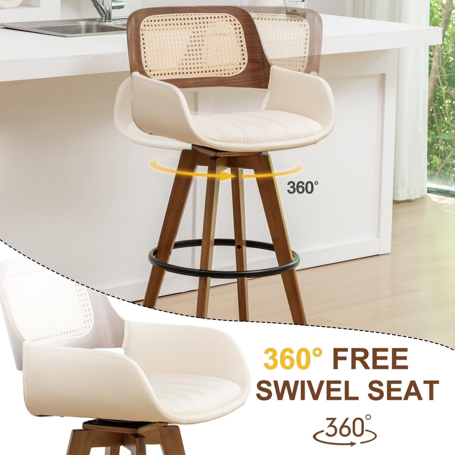 Rattan Swivel Bar Stools, Counter Height Bar Stools with Cane Back, Upholstered Seat, Faux Leather Upholstered Furniture for Island/Counter (Beige, 26.5"-2 PCS)-3