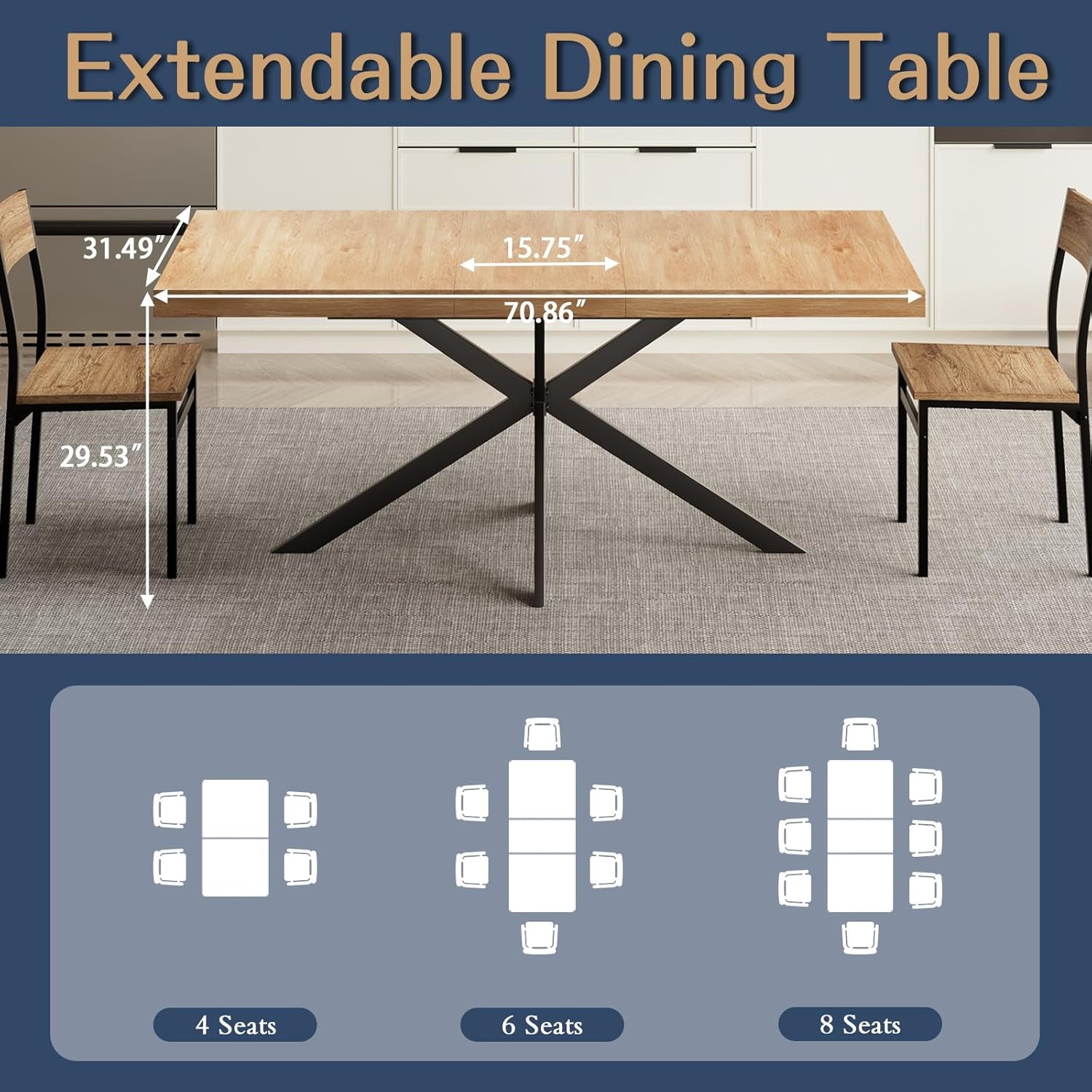 Extendable Wood Dining Table Removable Leaves 55to70in-1
