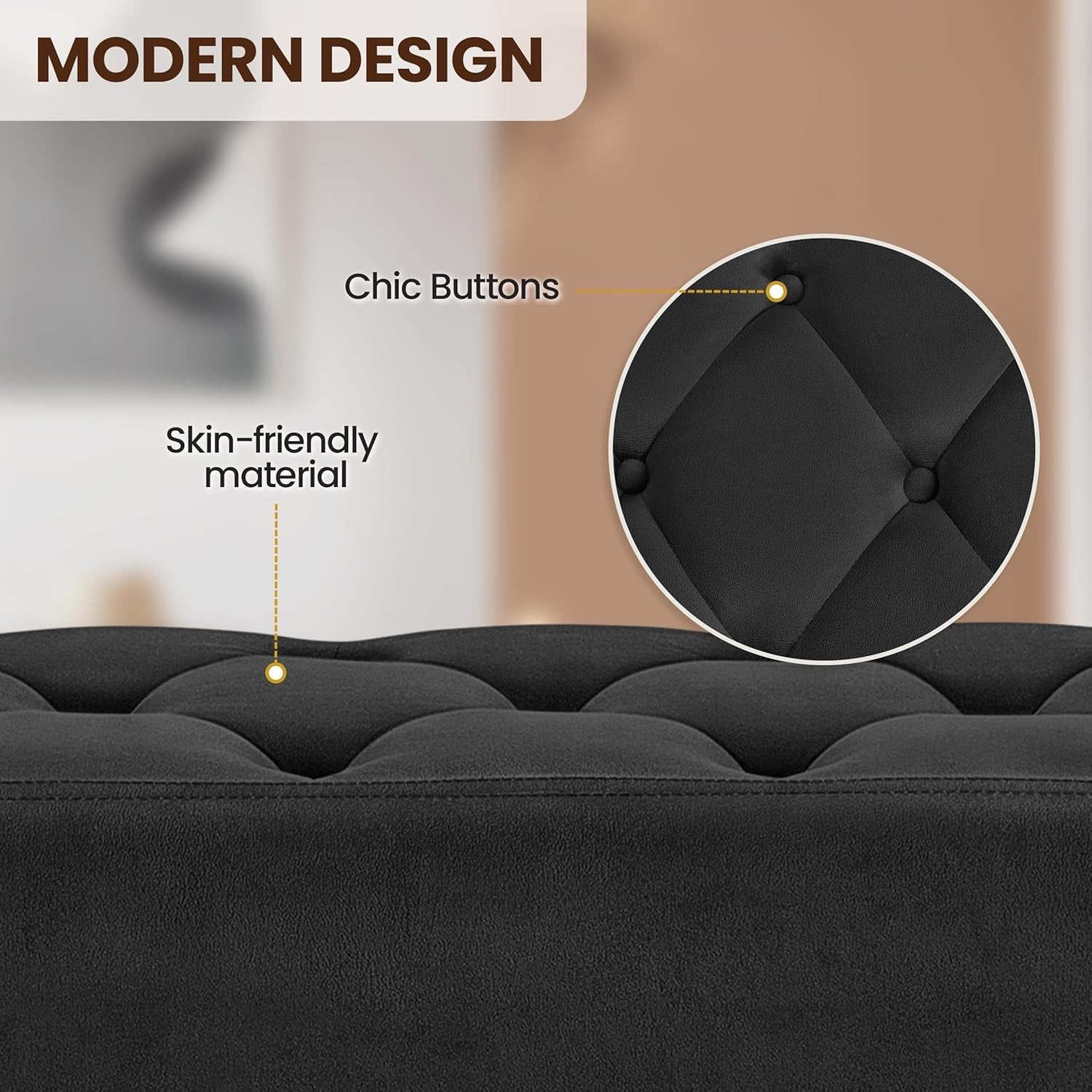 Black Velvet Upholstered Ottoman Bench Golden Legs-4
