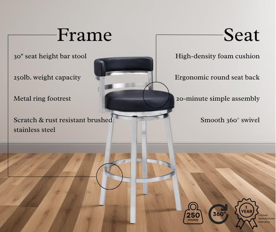 Modern Black Faux Leather Swivel Bar Stool for Kitchen-3