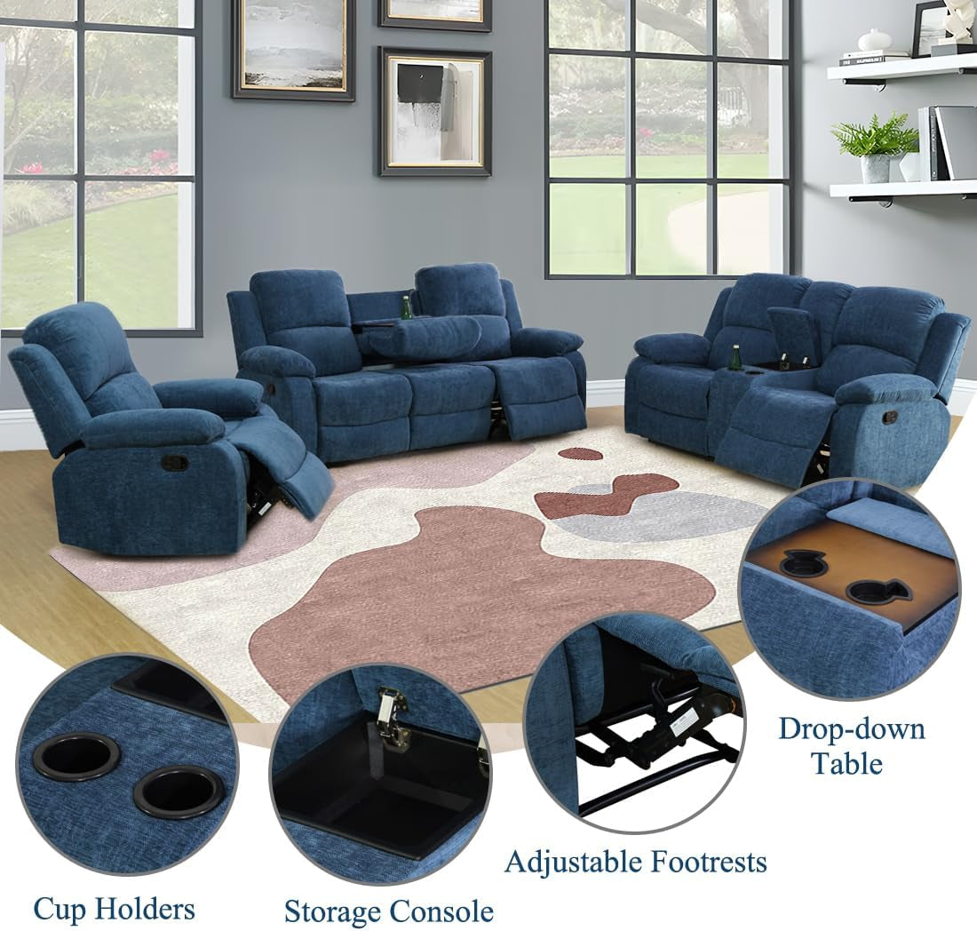 3 Seater Recliner Sofa Couch Modern Manual Reclining Sofa Fabric Reclining Sofa Living Room Couch with Dual Cup Holders and Drop down Table for Living Room/Office/Rv Car (Blue, 3 Seater Sofa)-3