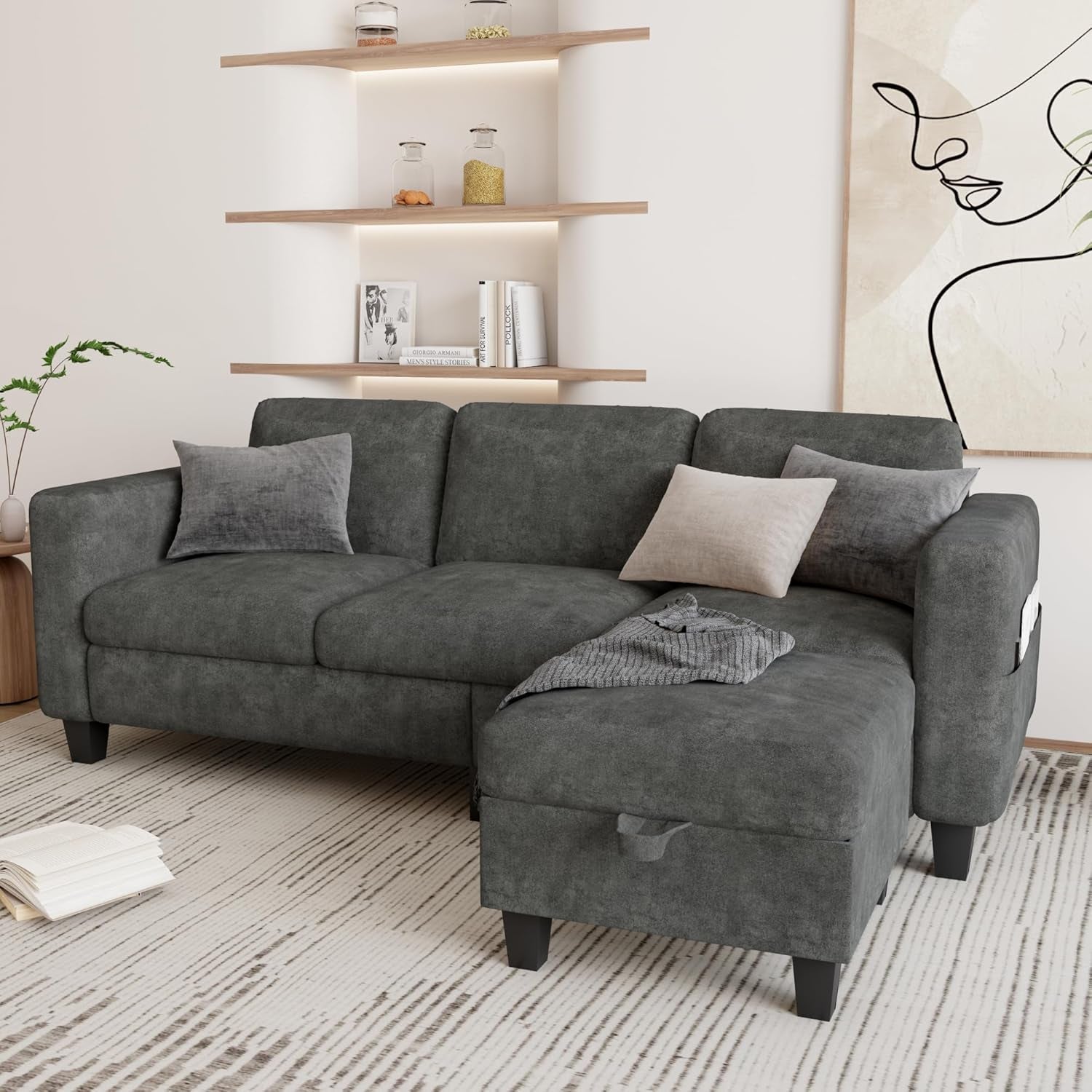 Couch for Living Room - Small Space Couches Sectional L-Shaped Sofa, 3 Seat Modern Couch, Sofas Convertible with Storage Ottoman for Small Space, Bedroom, Offices and Apartments - Grey-2