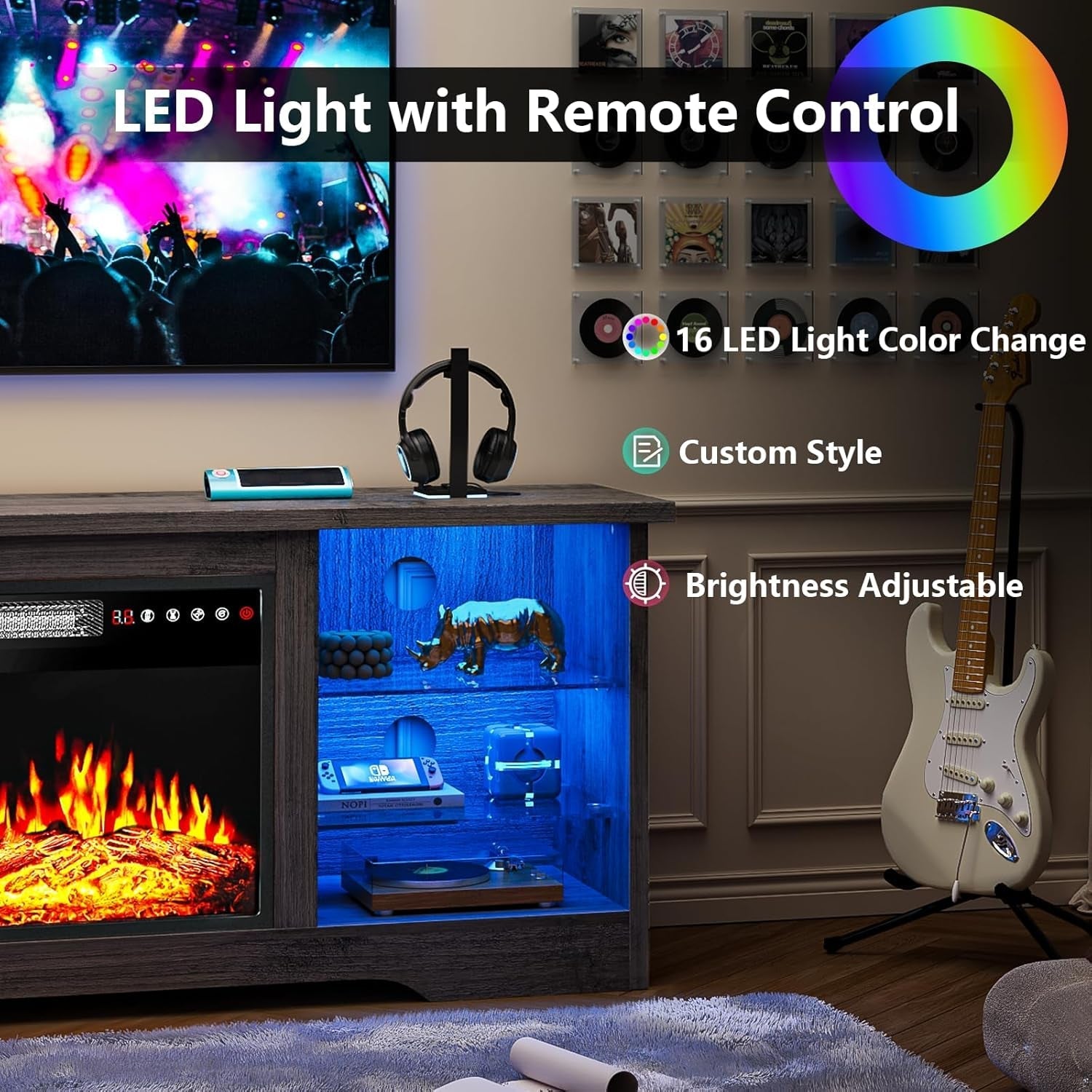 Fireplace TV Stand with 18''Fireplace, Modern Entertainment Center for Tvs up to 68 Inch, Media TV Console with Adjustable Glass Shelves and Storage Cabinets(Gray)-2