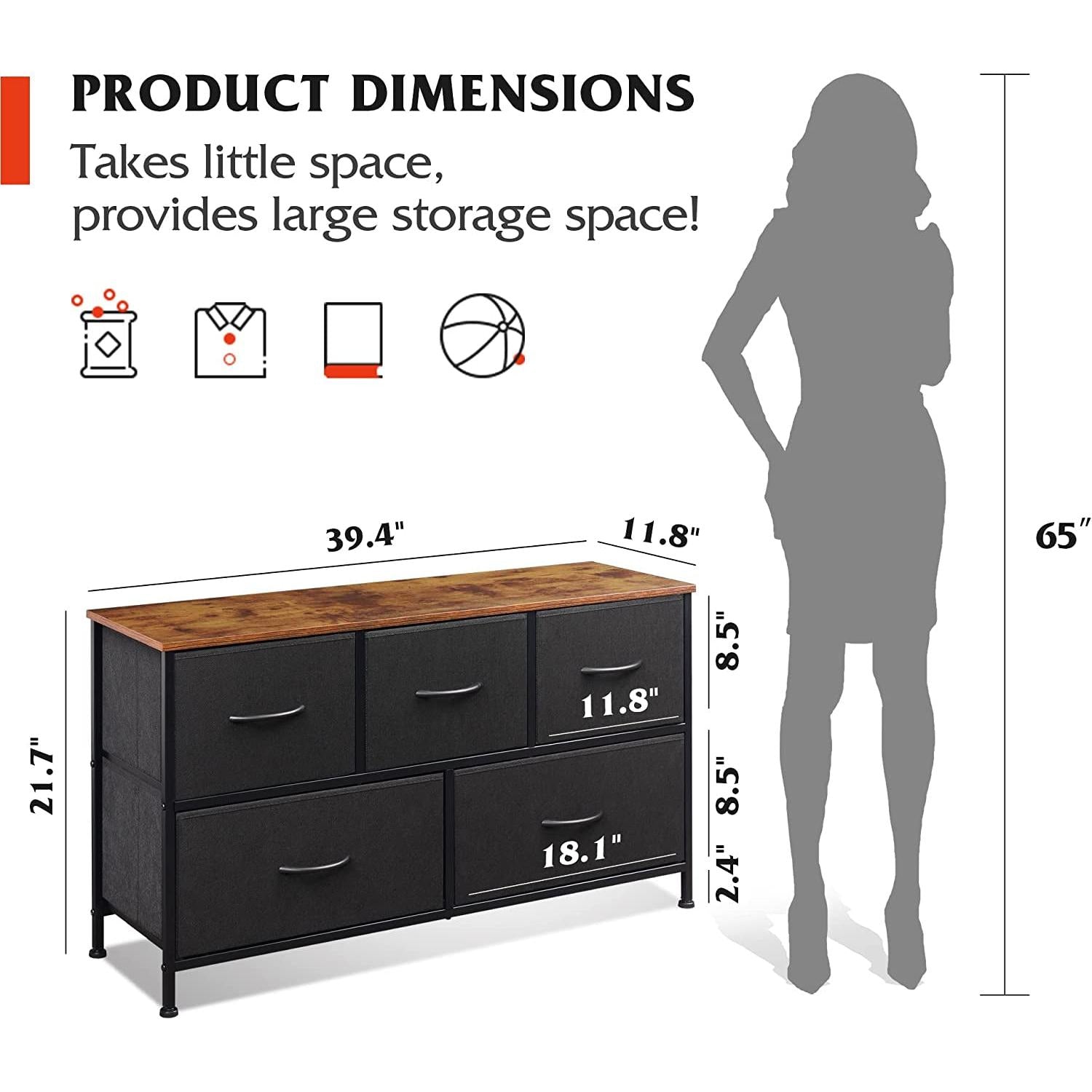 5 Drawer Fabric Dresser With Bins And Wood Top For Bedroom-3