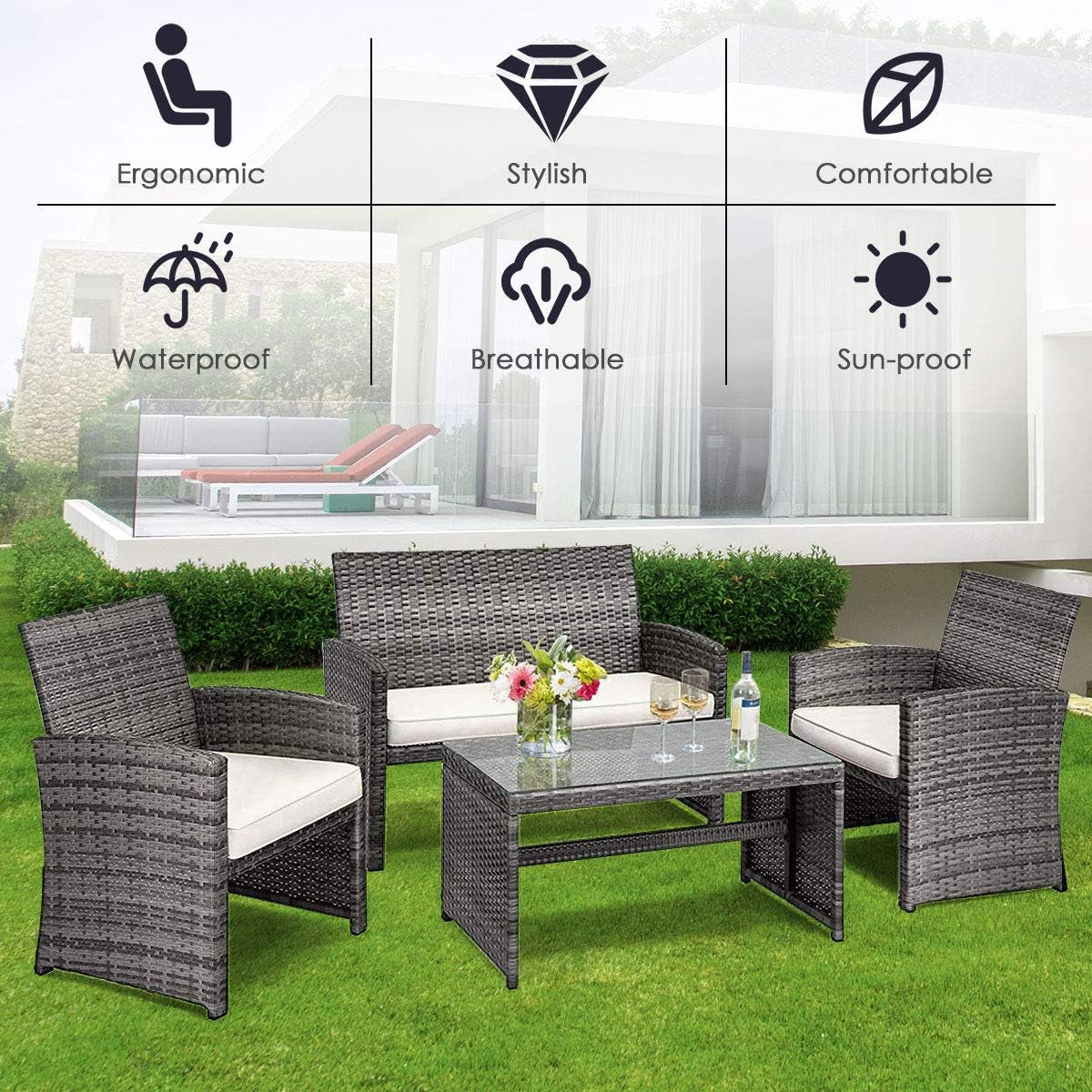 4 Piece Wicker Patio Conversation Set With Soft Cushions-3