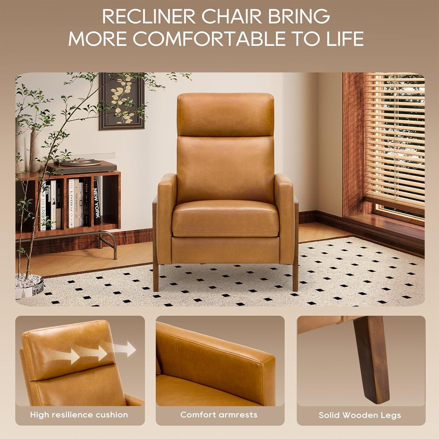 Camel Leather Wingback Recliner Chair With Footrest-3