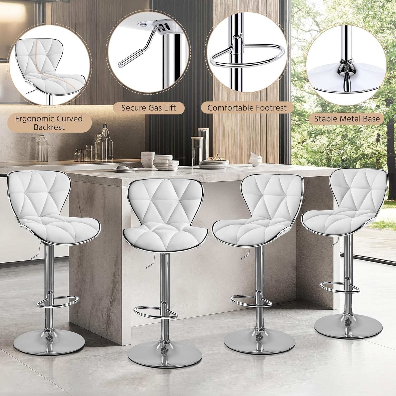 Bar Stools Set Of 2 White PU Leather Adjustable Swivel-3